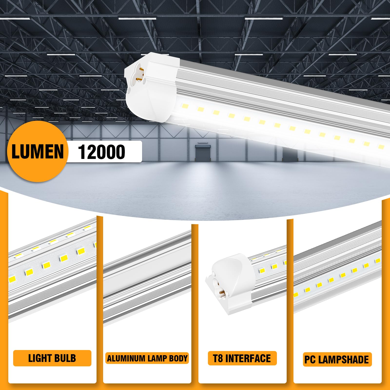 ONLYLUX 8ft LED Shop Light - 90W, 12000lm, V Shape, Aluminum, 5000K, 10 Pack