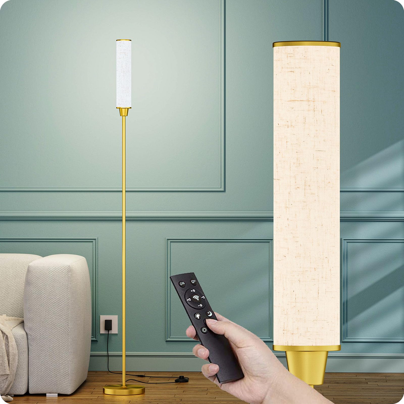 Nukanu Floor Lamp with Remote Control, Stepless 3000K-6000K, 10-100% Brightness, Brassgold/Beige Linen, Model flp-dhy