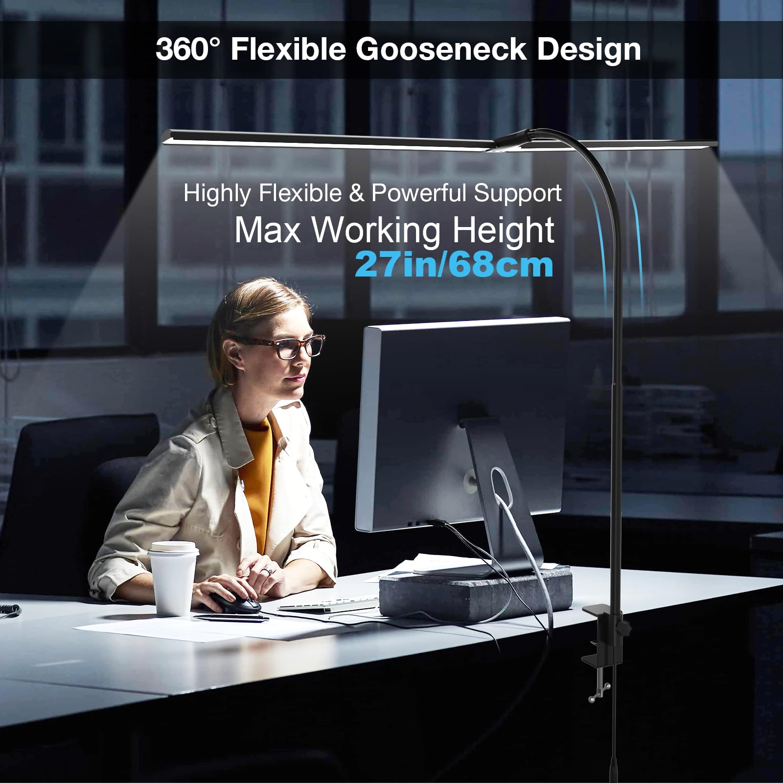 Hensam Desk Lamp For Office Home, 31.5'' Desktop Lighting Bar With Gooseneck, Clip On Desk Light With Clamp, Bright Dimmable Tab