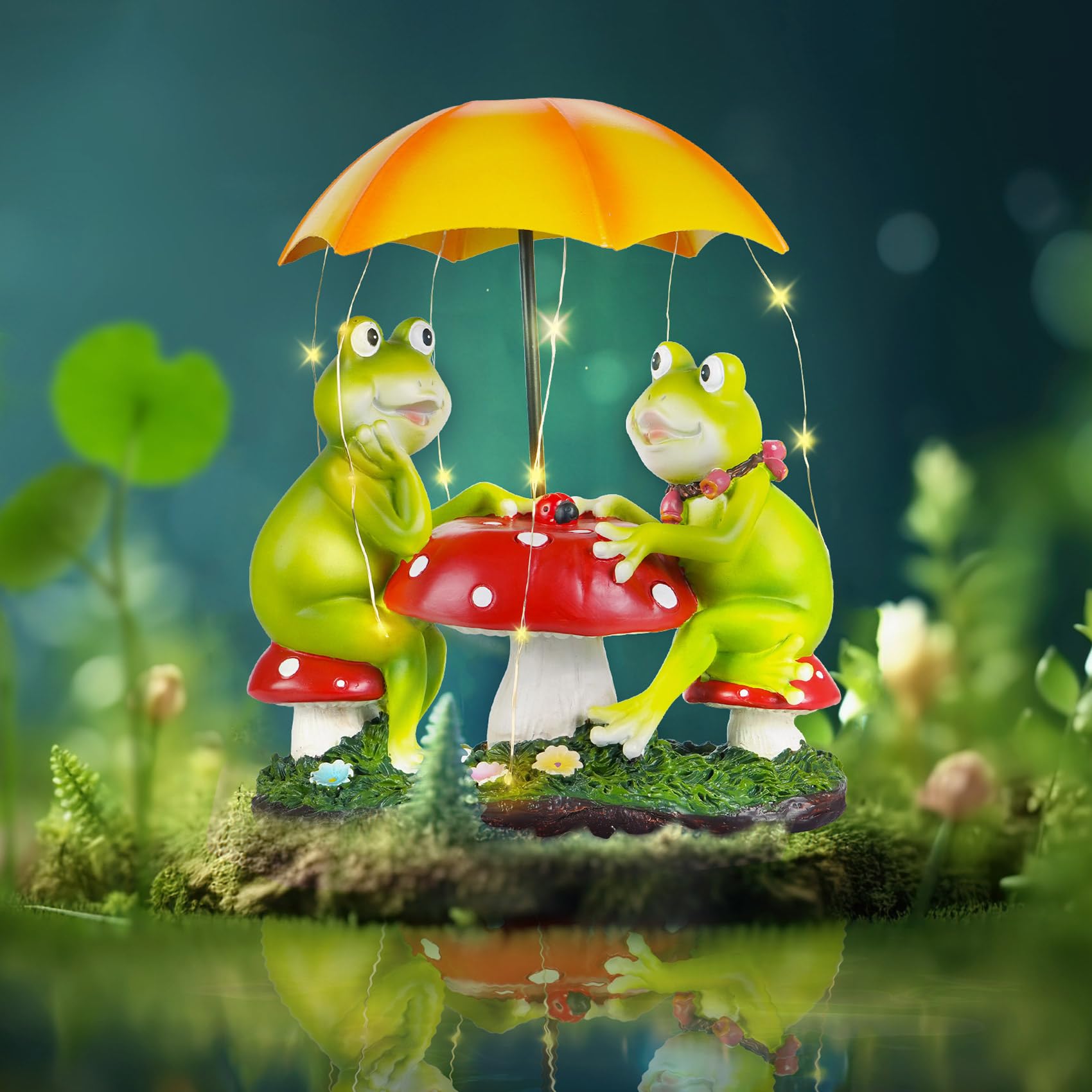 Mininova Solar Garden Outdoor Decor Statue Frog Figurines Sitting On Mushroom With Umbrella Led String Lights Resin Ornaments For Spring Birthday Housewarming