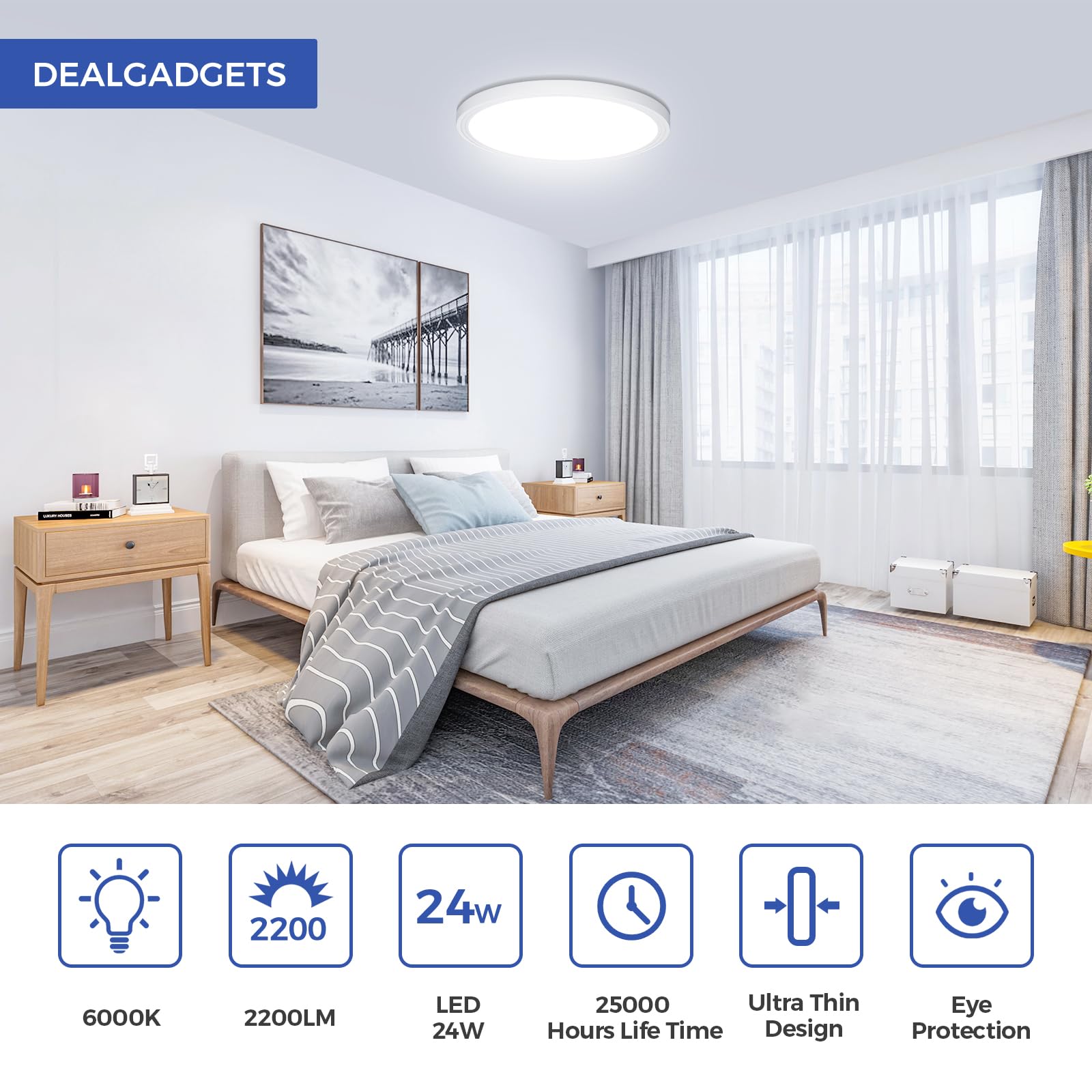 DEALGADGETS Flush Mount Ceiling Light, 24W Ultra Thin Round, 6000K 2200LM, 9Inch, White, 2PCS, Model DJ-XDD
