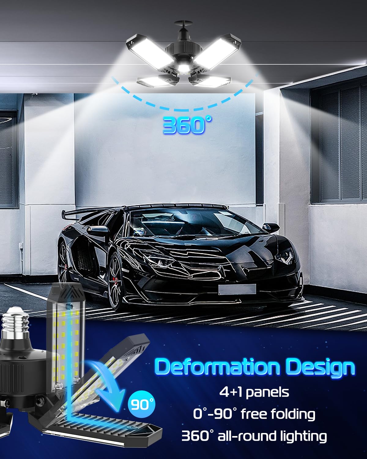 Garage Light - 4Pack 130W 13000Lm Deformable 4+1 Panel Led Garage Light With Led Transformer, E26/27 Base, 6500K Daylight White Garage Lights Ceiling Led For Garage, Factory, Warehouse, Storage Room