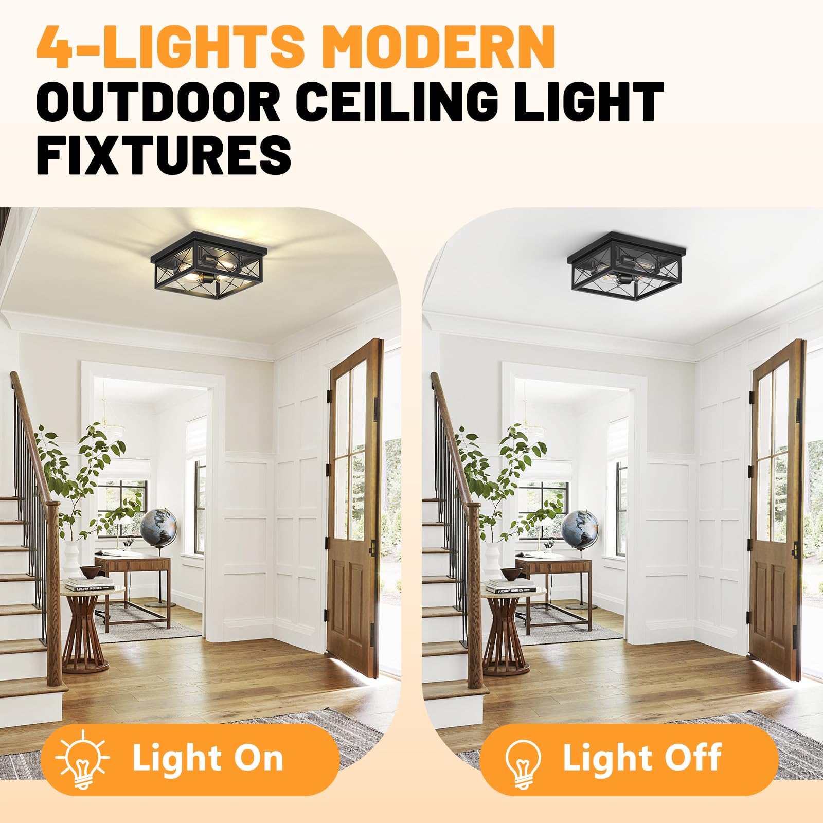 Asnxcju 12'' Square Flush Mount Ceiling Light With Clear Glass Shade, 4-Light Farmhouse Outdoor Porch Ceiling Light Fixtures, Bl