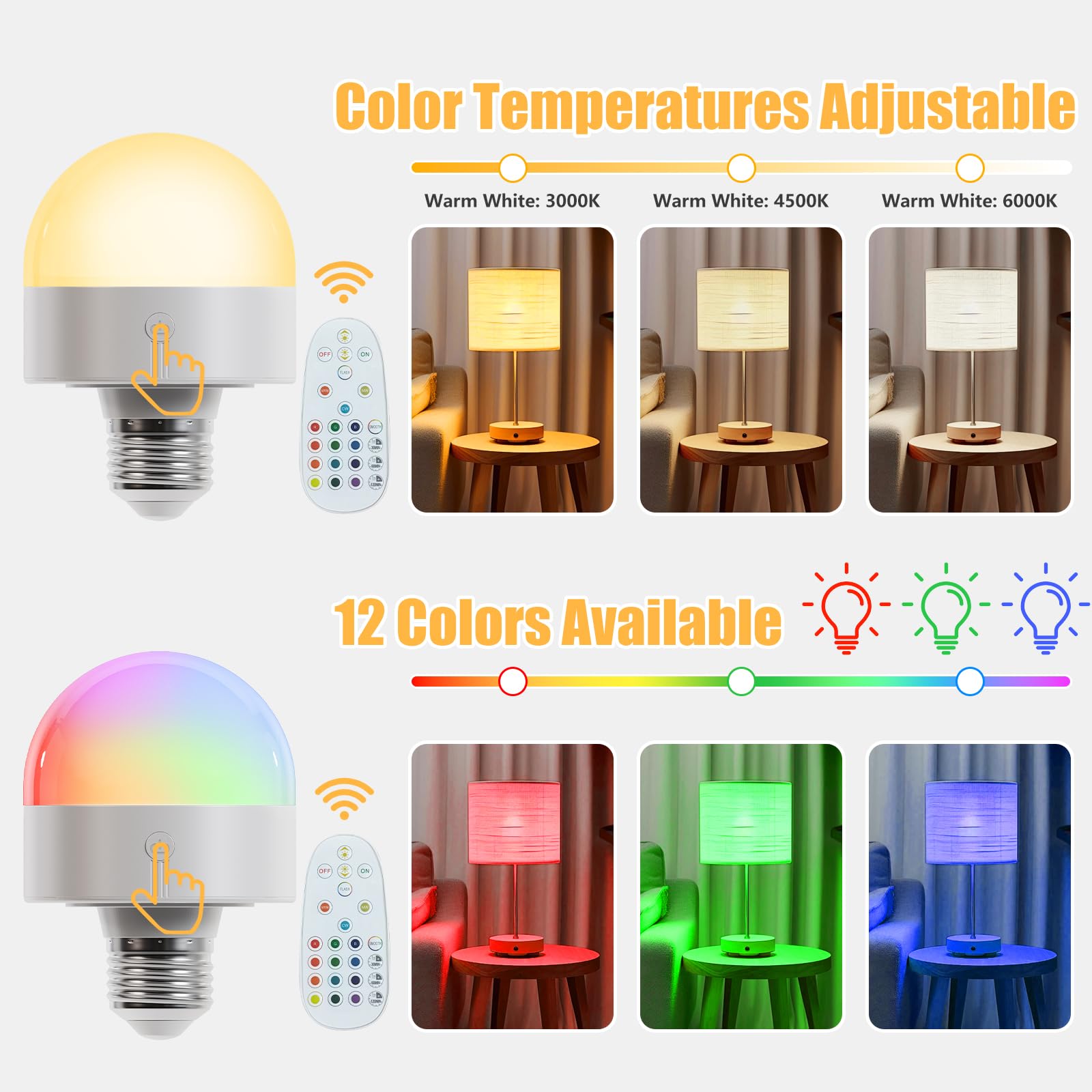 MXhme E26 Rechargeable Light Bulb with Remote & Timer, 3 Color Temps + 12 RGB, Battery Operated, Model RGBWW039, White