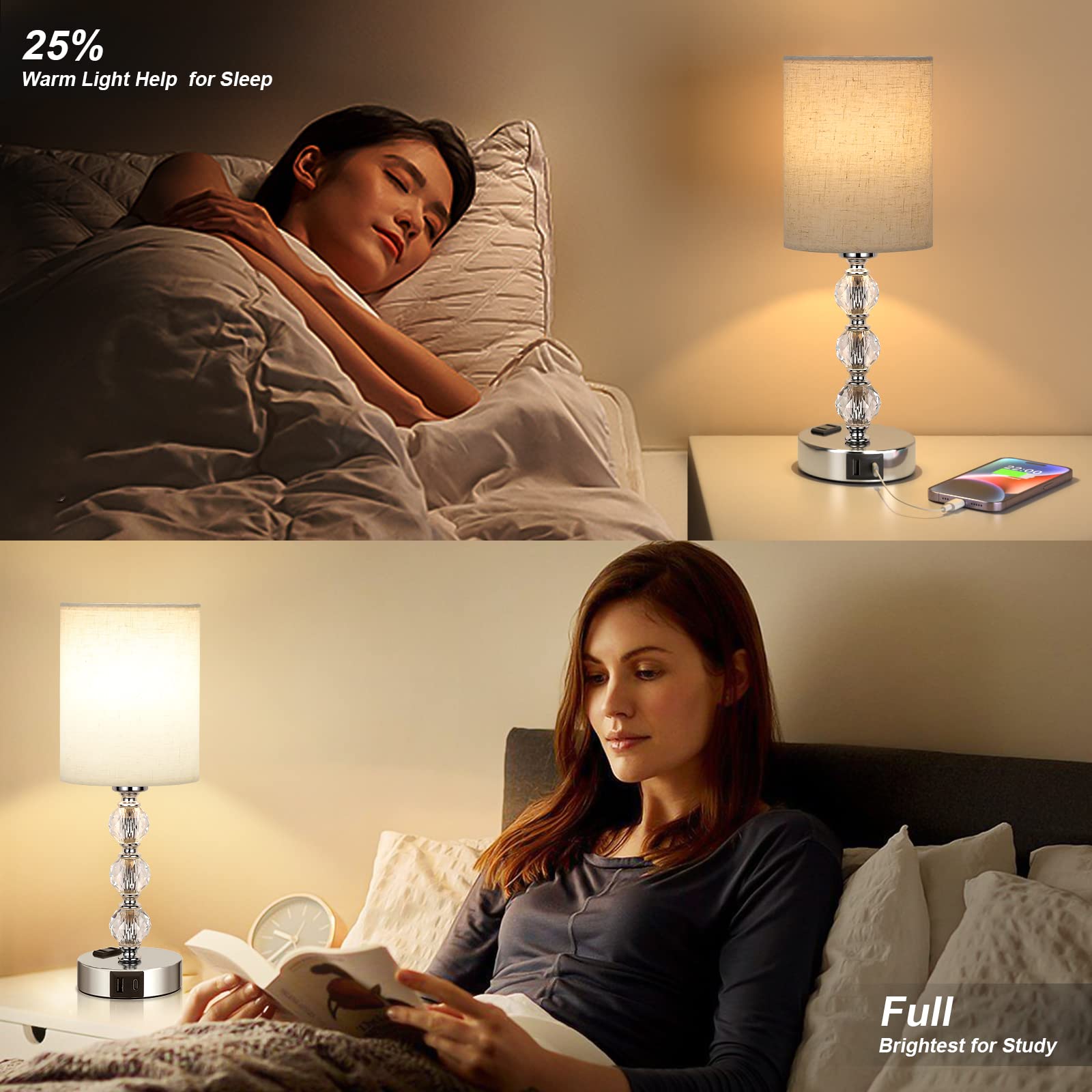 Acaxin White Crystal Table Lamp - 3-Way Dimmable With Usb C+A, 14.6In Nightstand Light For Bedroom, Living Room, Kitchen