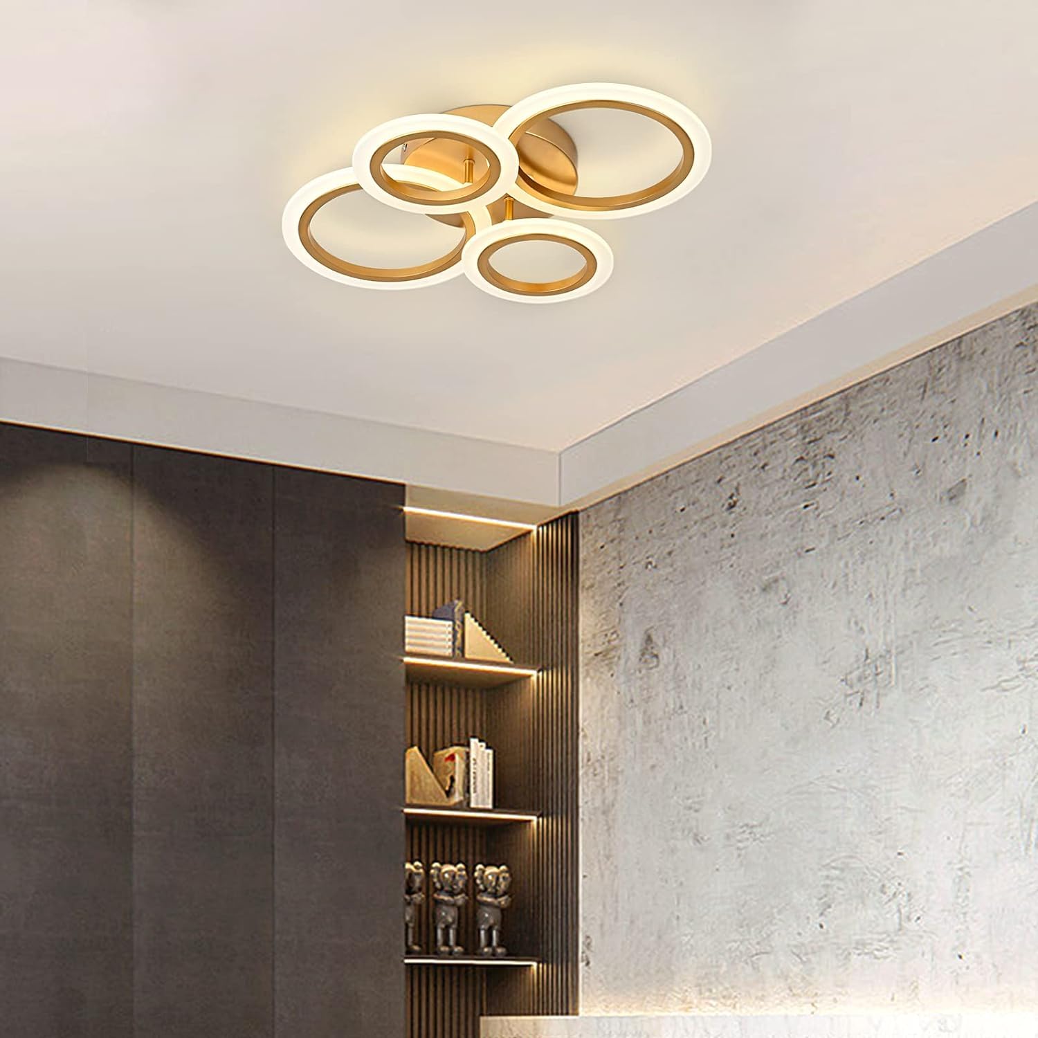 Vikaey Modern Led Flush Mount Ceiling Light, 4 Rings Gold Close To Ceiling Light, Lighting Fixture Ceiling Lamp For Kitchen, Living Room, Bedroom, Laundry Room, 4000K Not Dimmable