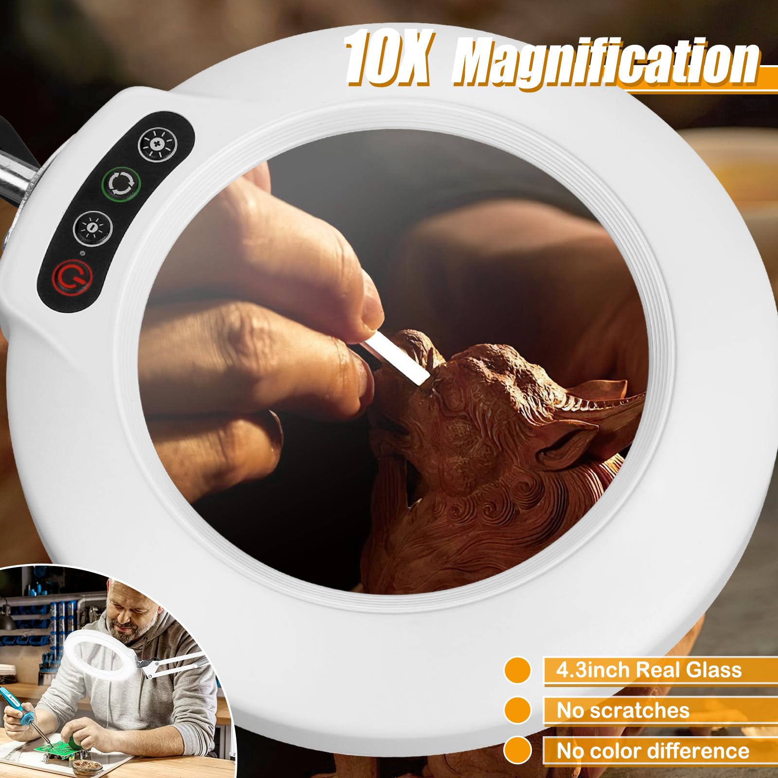 Ivmaie 10X Magnifying Glass With Light And Stand, 2-In-1 Lighted Magnifier With Clamp, 5 Color Modes Stepless Dimmable Led Desk Lamp Hands Free For Painting Craft Jewelry Sewing Close Work, White