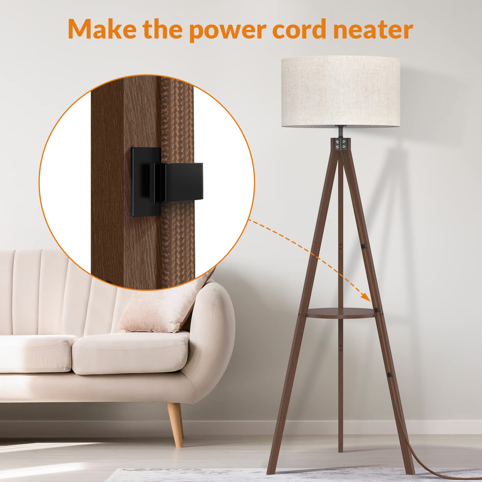LEPOWER Tripod Floor Lamp, Mid Century Design, Dark Brown Wood, Shelf, Model UF1101, Ideal for Living Room and Office