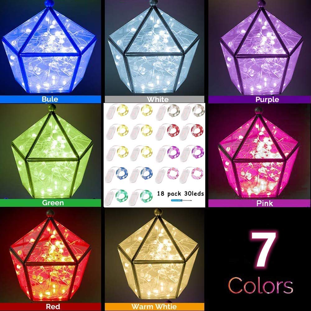 Yjfwal 18 Pack Fairy String Lights(Batteries Included) 10.5Ft 30 Leds Wire Battery Powered Fairy Rope Light For Diy Wedding Party Mason Jars Christmas Tree Gift Decorations (7 Colors)
