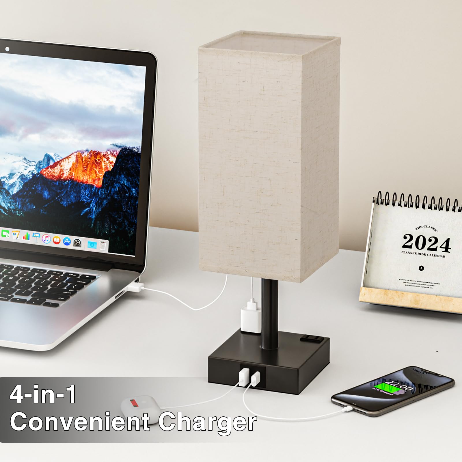 aooshine Touch Bedside Table Lamp - 3-Way Dimmable, USB A & Type C Ports, 14in Beige, Metal, Model 3-11