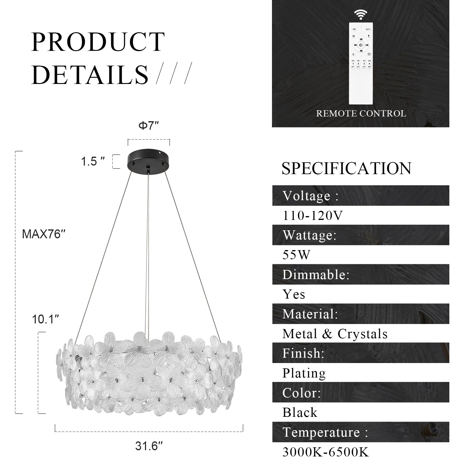 Poemoon 32'' Modern LED Crystal Chandelier, Black Dimmable Light Fixture, Remote Control, Contemporary Design for High Ceilings