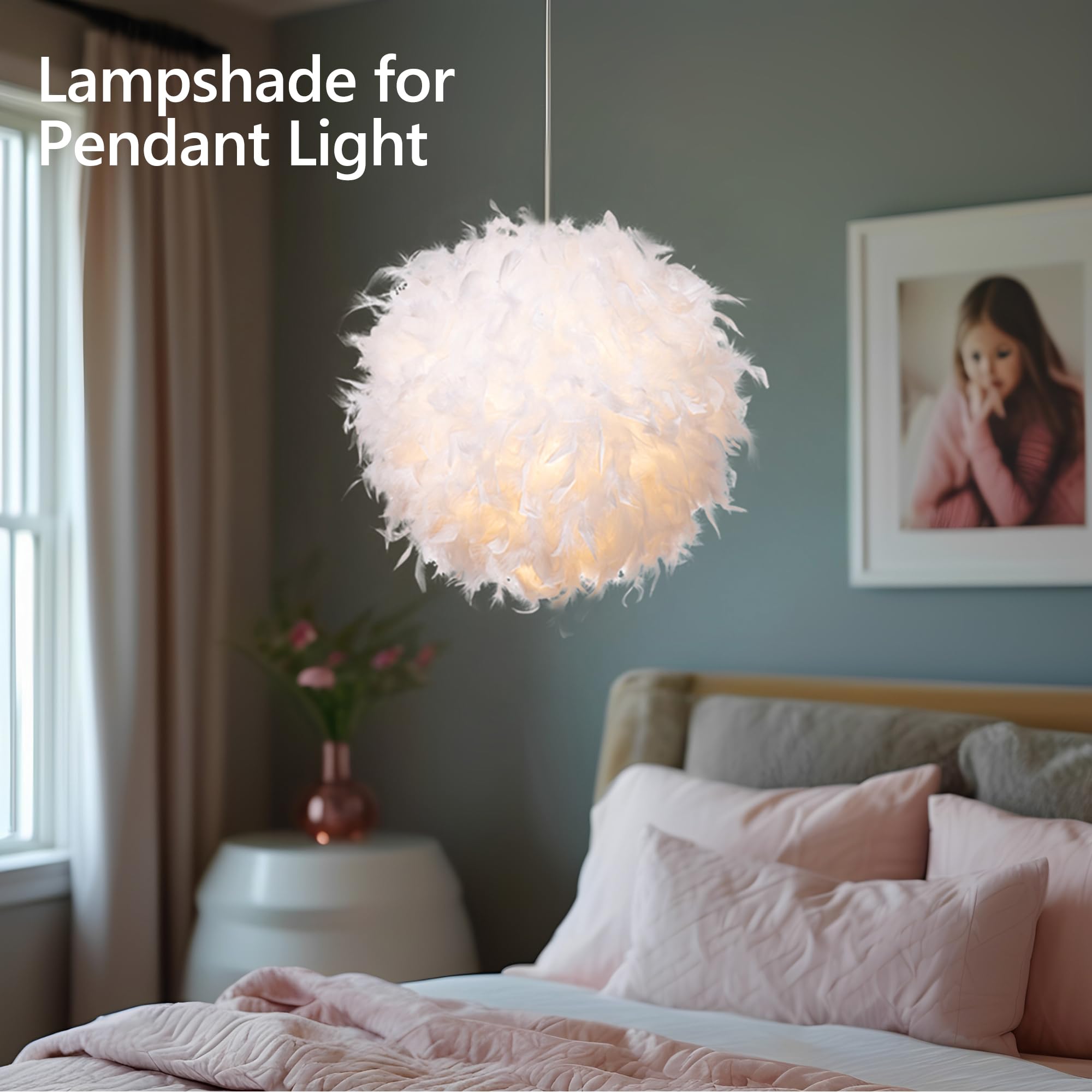 Waneway 15.7 inches Feather Lamp Shade for Ceiling Pendant Light, Lampshade for Table Lamp and Floor Lamp for Living Room, Bedro