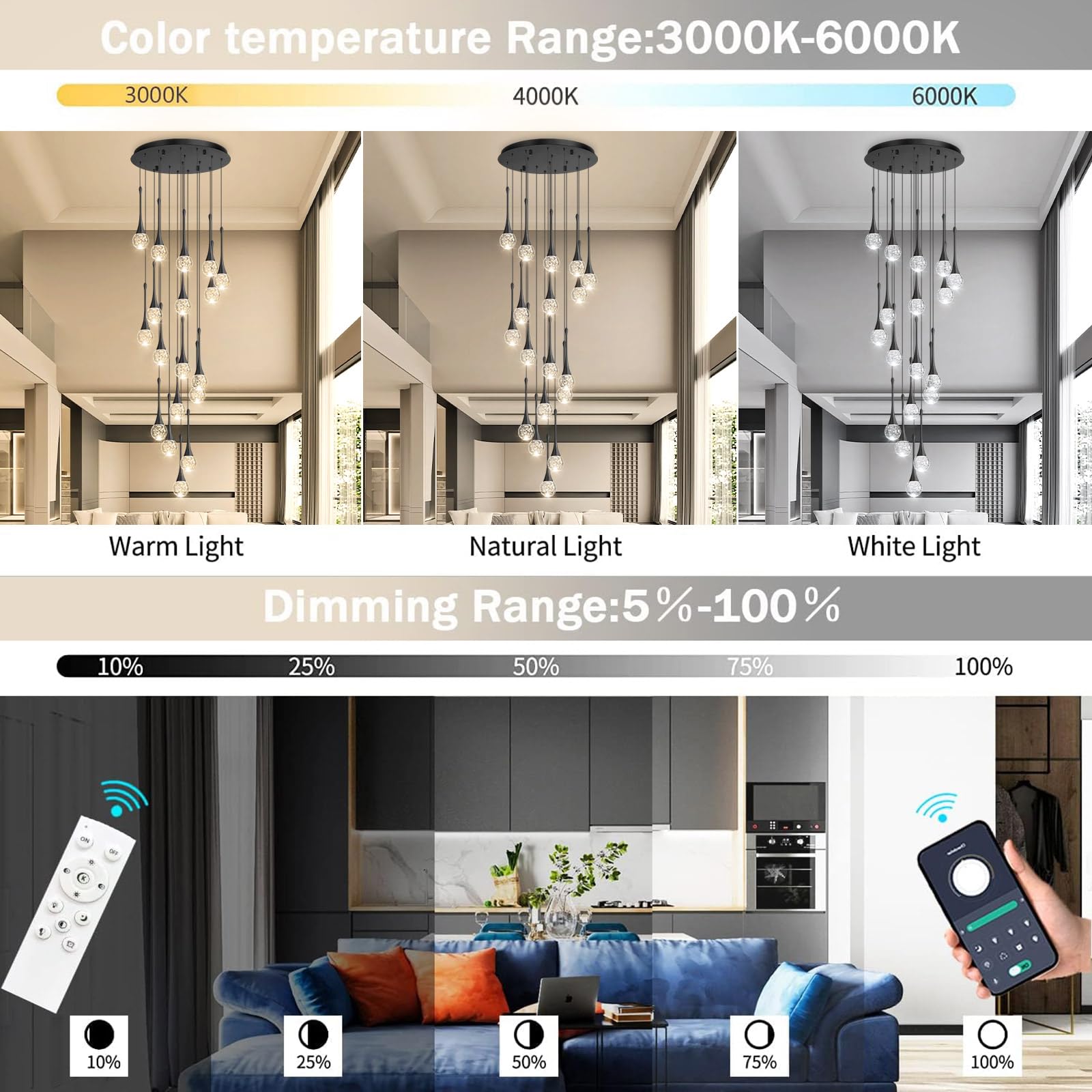 Cenozo 18-Light Modern Crystal Chandelier, LED Dimmable, Antique Black, Metal, Model RS2037-18B, Ideal for High Ceilings and Living Rooms