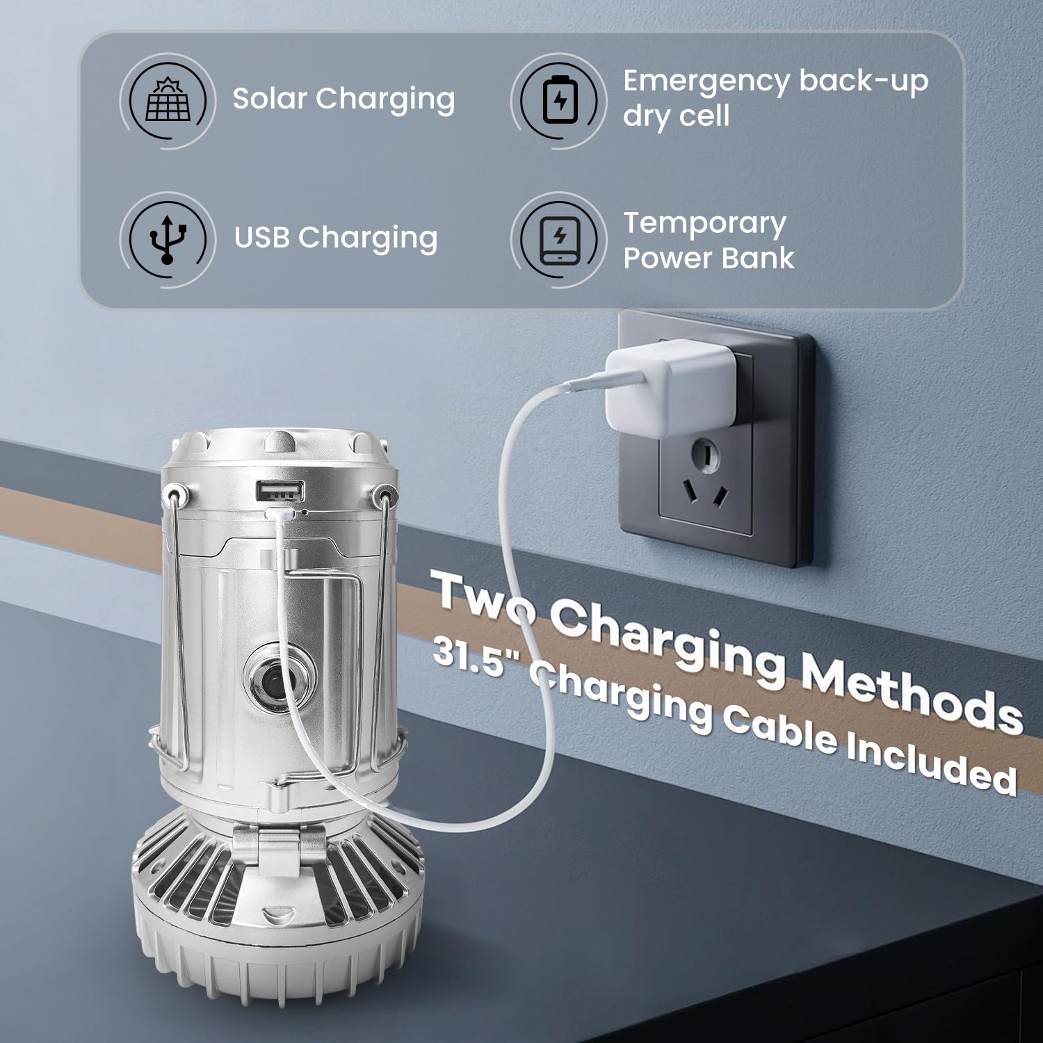 SZJIEIFR Solar Camping Lantern with Fan, USB Rechargeable, Battery Powered, Silver Gray, Model SFMD-002, Collapsible, 1 Pack