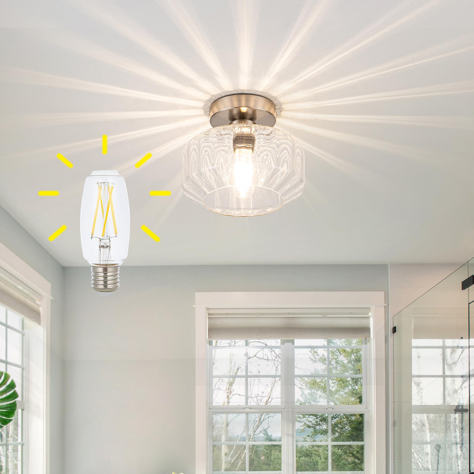 Semi Flush Mount Ceiling Light Fixture with Textured Glass Brushed nickel Metal Base Includes 1200 lumens LED Bulbs Silver Hallw