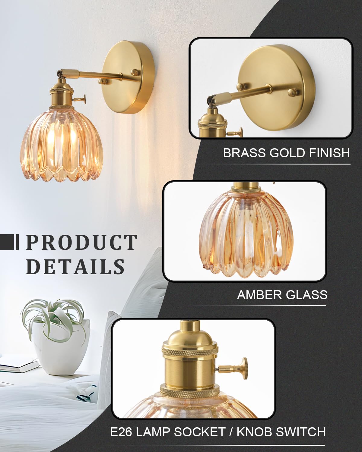 Plug In And Hardwired Wall Sconces, Luxury Vintage Tulip Crystal Glass Shade Wall Light With Switch For Bedside Bedroom Living R