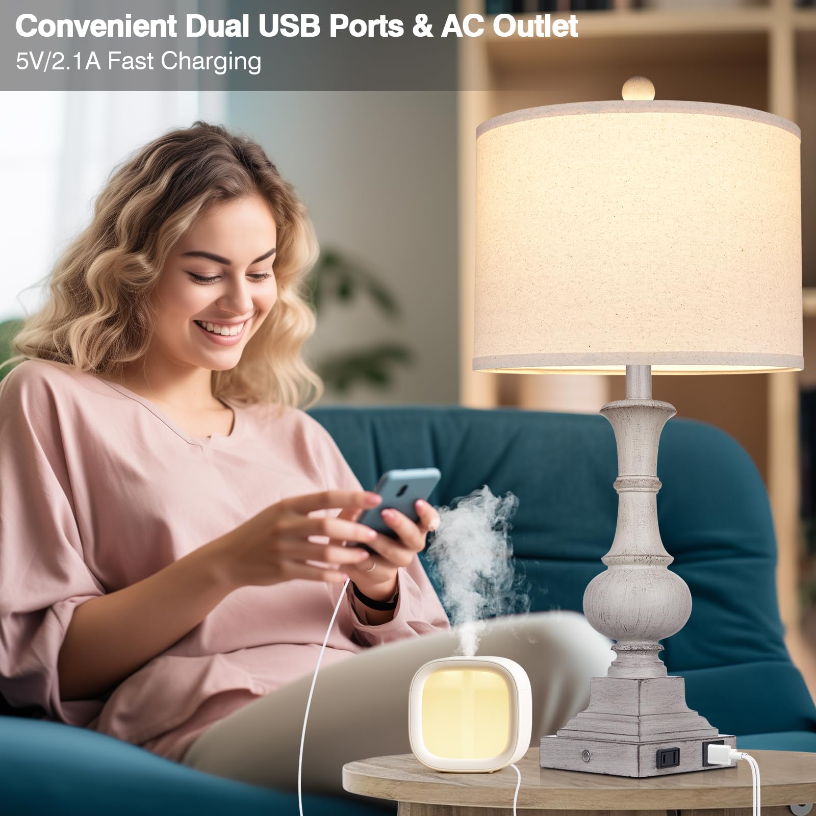 Farmhouse Lamps Set Of 2, 26'' Vintage Rustic Touch Control Bedside Lamp With Usb A+C Ports & Ac Outlet, 3-Way Dimmable Boho Nig
