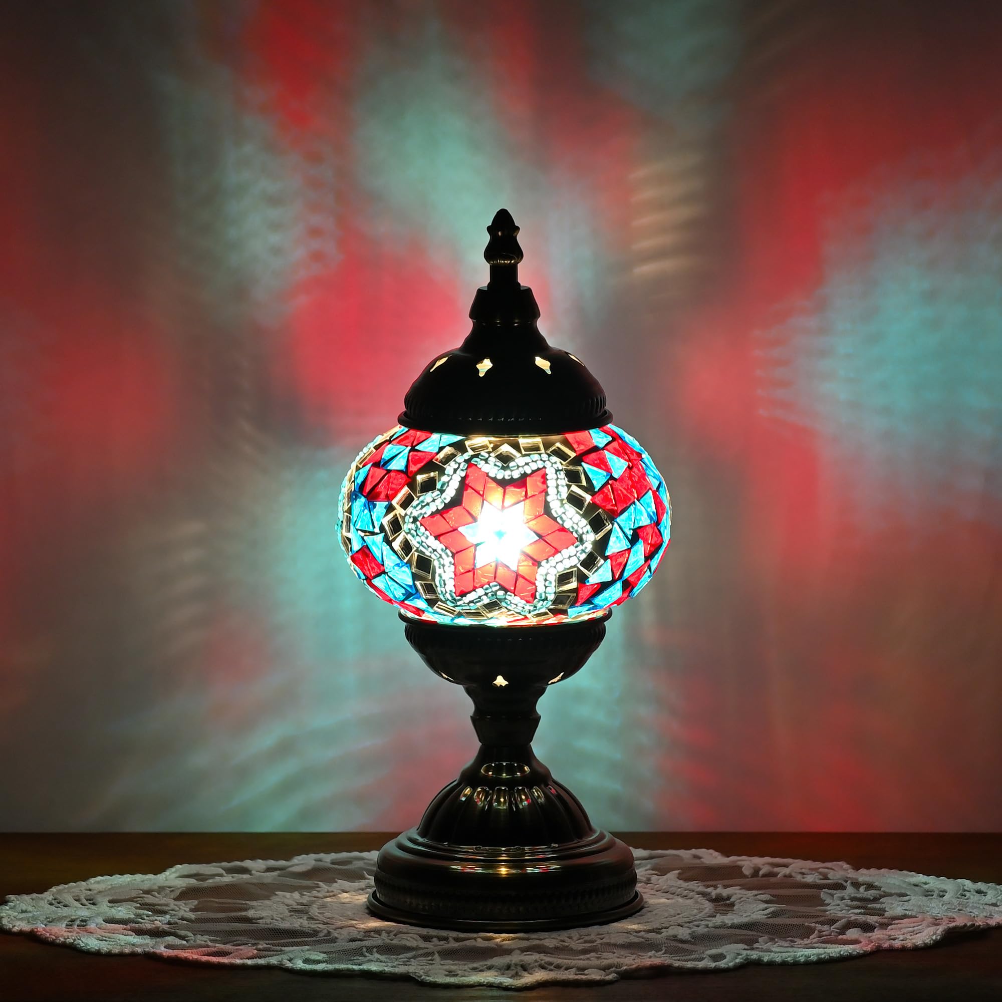 GOGERS Moroccan Table Lamp, Handmade Mosaic Glass, Tiffany Style, Blue Red, Model GS-HH-Y8, Decorative Desk & Bedside Light