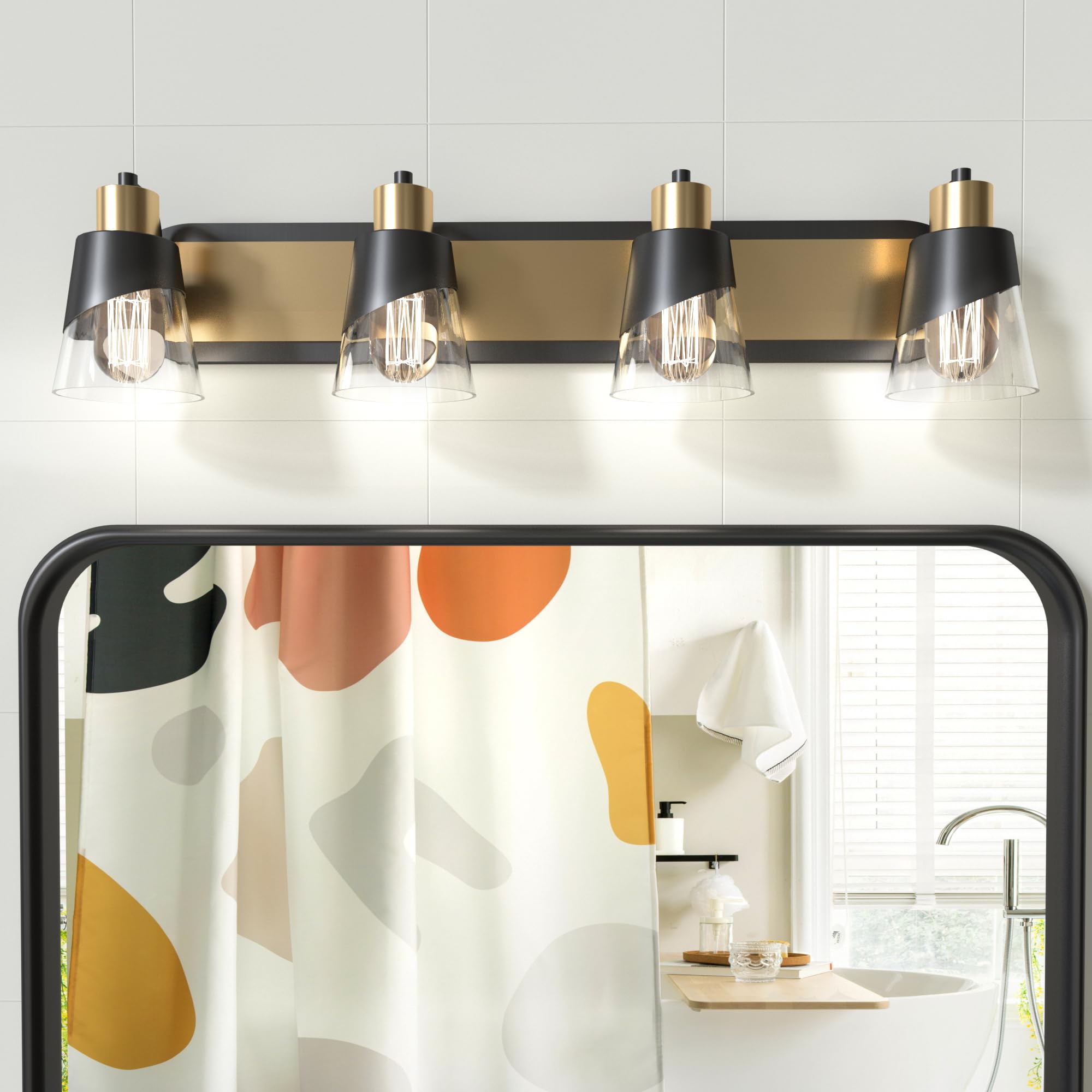 URSOLA Bathroom Vanity Light, 4 Lights, Black and Gold, 28.3 inch, Metal, Model 1691-4T-longbase, Bevelled Edge, Clear Glass Shade