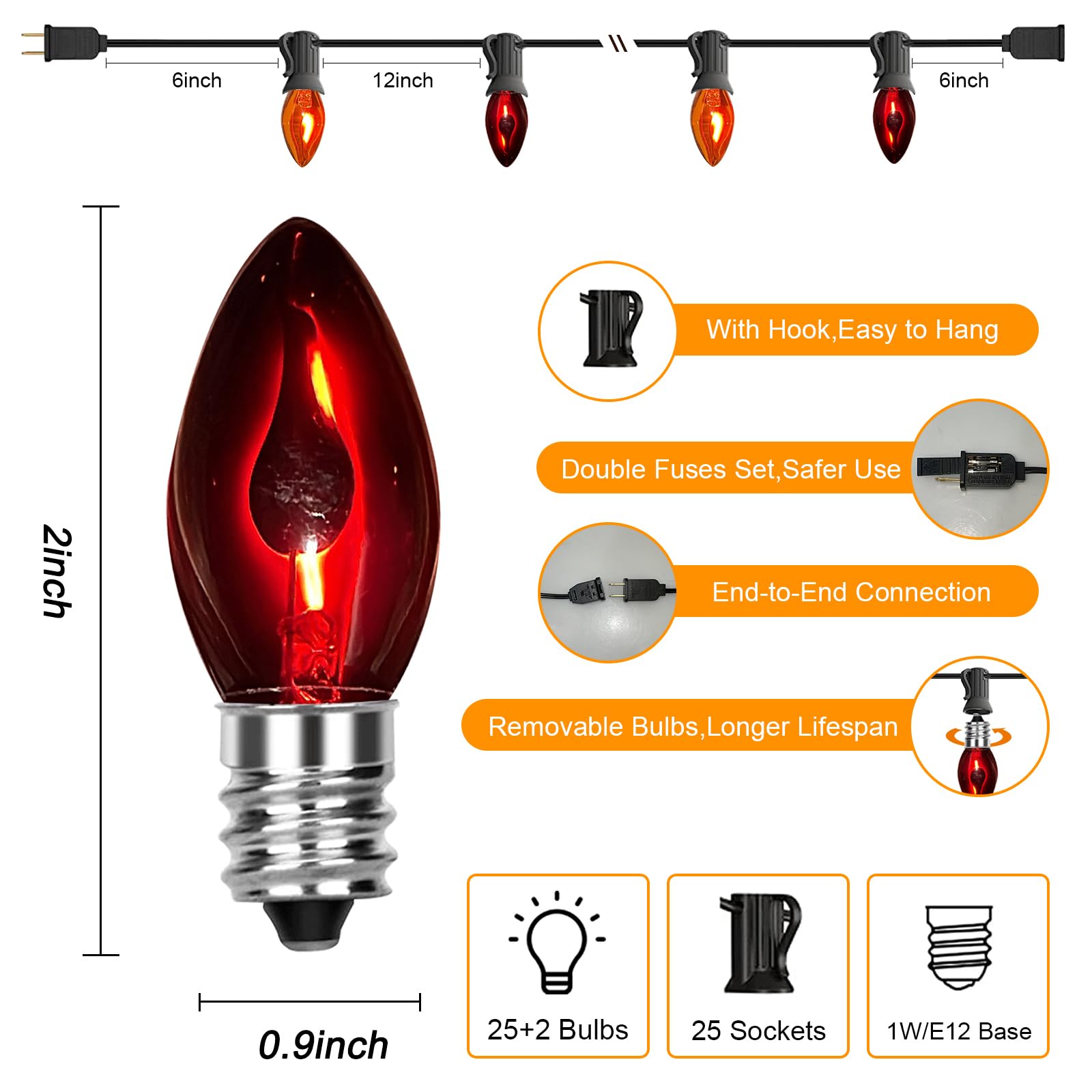 Sunsgne C7 Purple And Orange Halloween String Lights, 25Ft Outdoor String Lights With 27 Flickering Flame Light Bulbs(2 Spare),