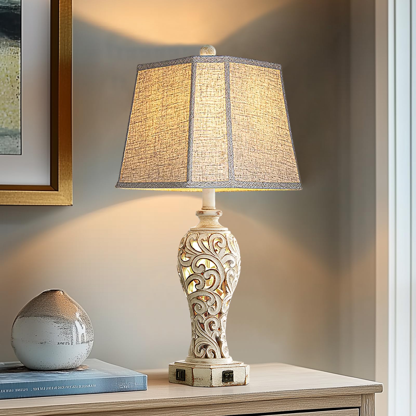 Reyokale 25'' Farmhouse Table Lamp - Vintage Rustic Design, 2 USB Ports, White Hollow Out Resin, Nightstand Desk Lamp, Bulb Included