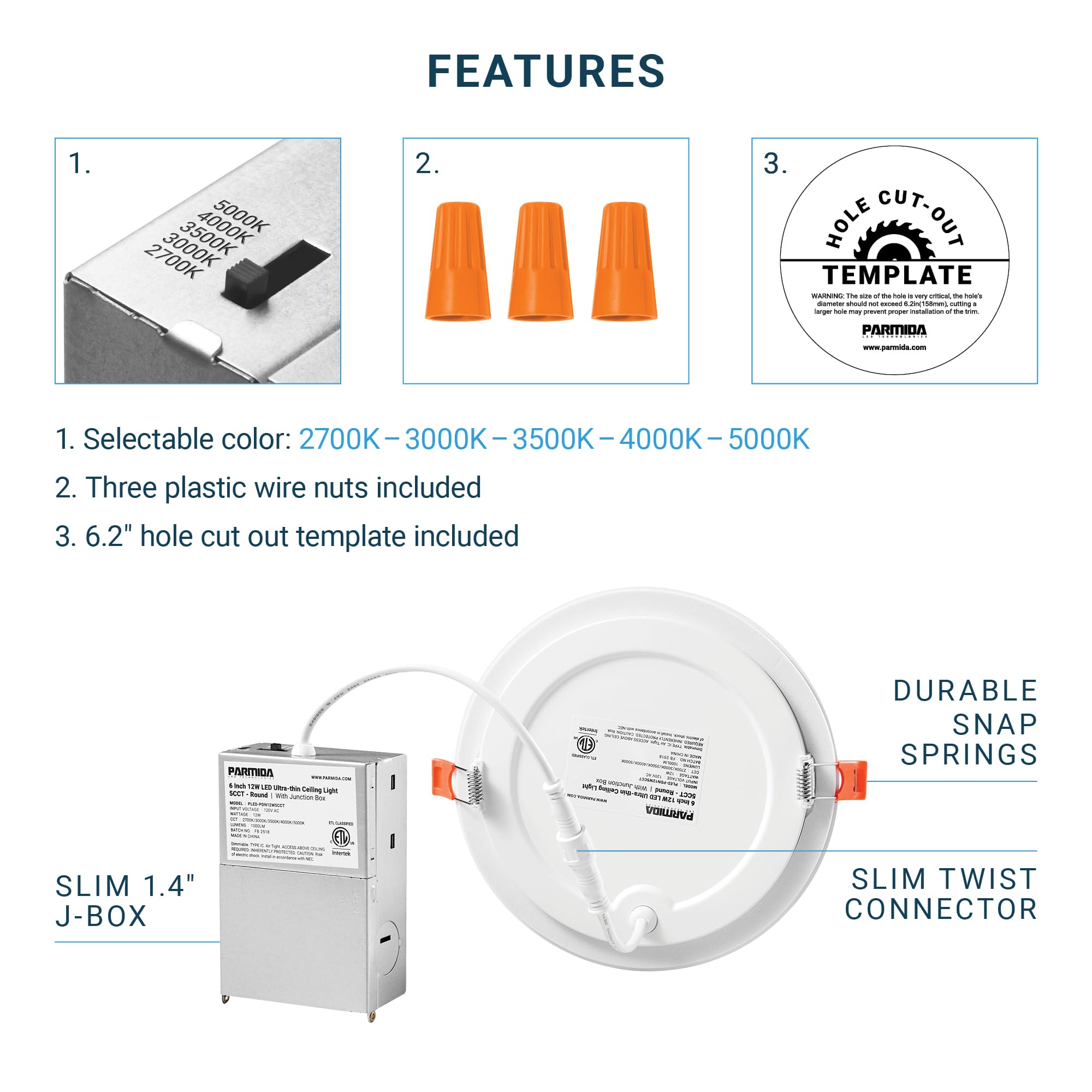 Parmida (6 Pack) 6 Inch Ultra-Thin Led Recessed Ceiling Light With Junction Box, 5Cct Color Selectable 2700K/3000K/3500K/4000K/5