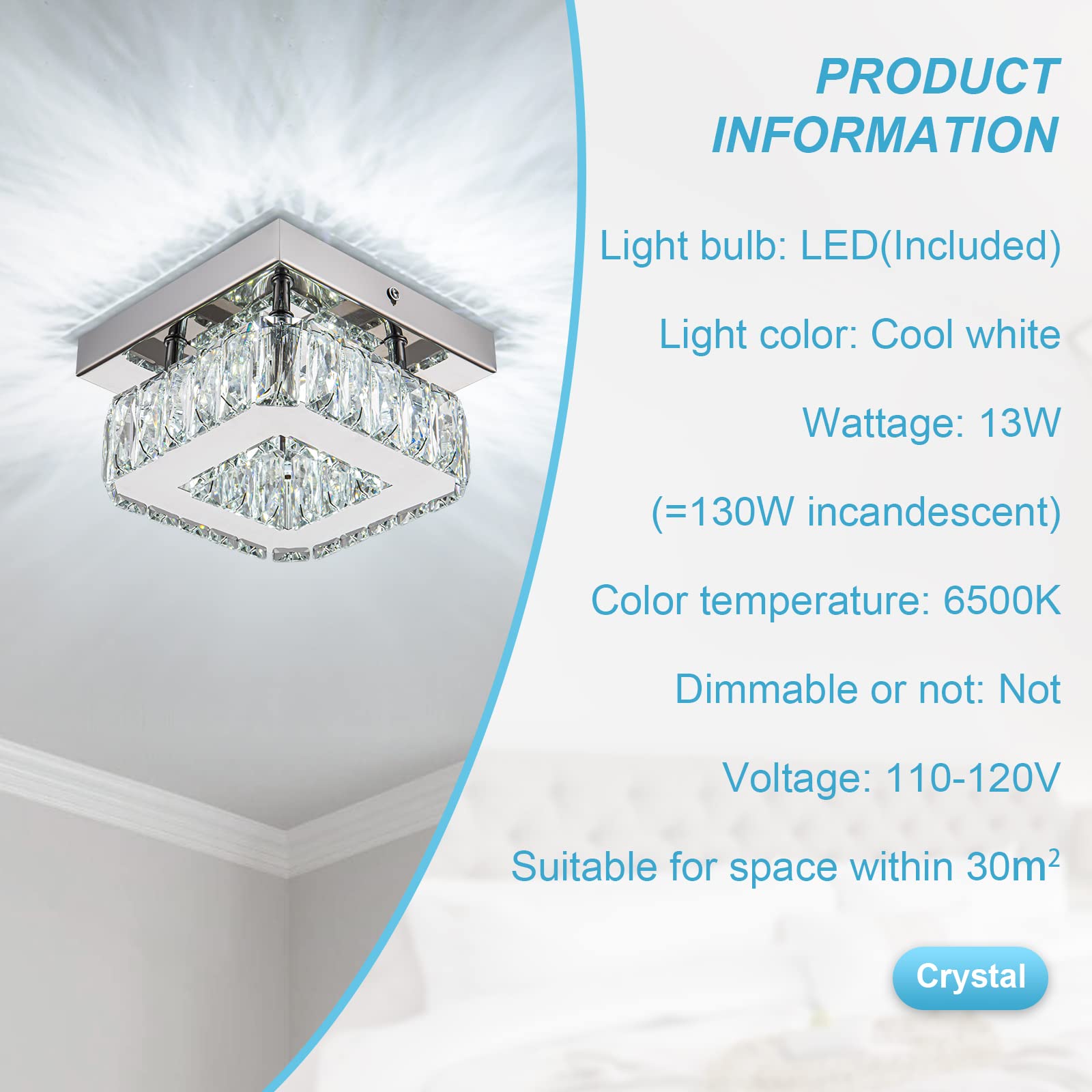 Homlaiting Mini Modern Crystal Chandelier, Led Flush Mount Light Fixture For Hallway & Bedroom