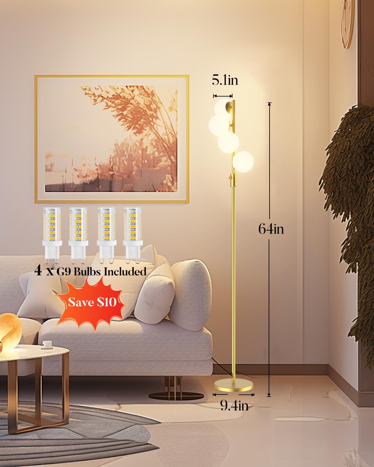Lightdot Globe Floor Lamp, Dimmable 64IN, Gold, Metal, Includes 4 G9 Bulbs, Mid Century Modern Design