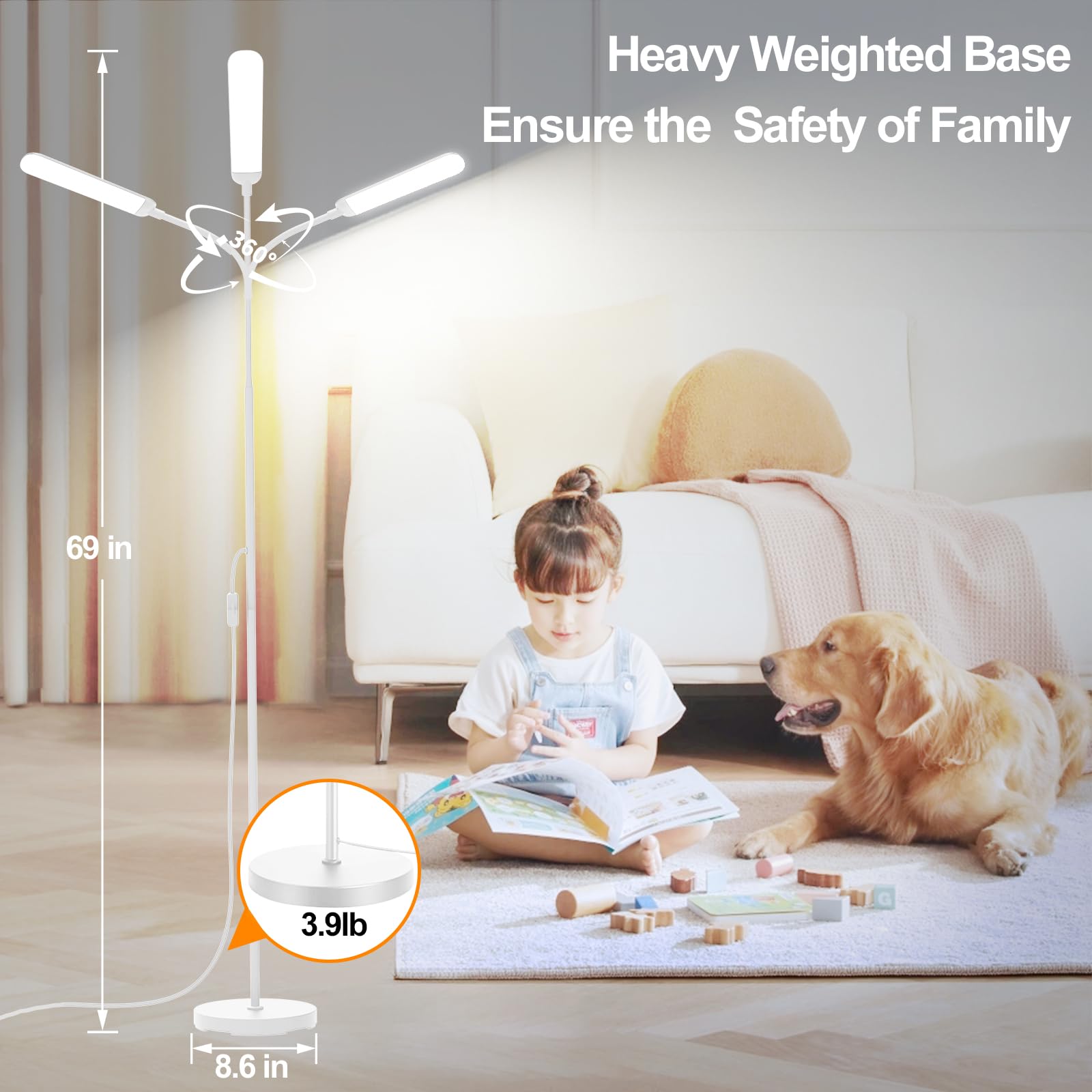 White Led Floor Lamp, 18W 1800Lm Super Bright Dimmable Floor Lamps For Living Room Bedroom With Timer, Stepless Adjustable 2700K