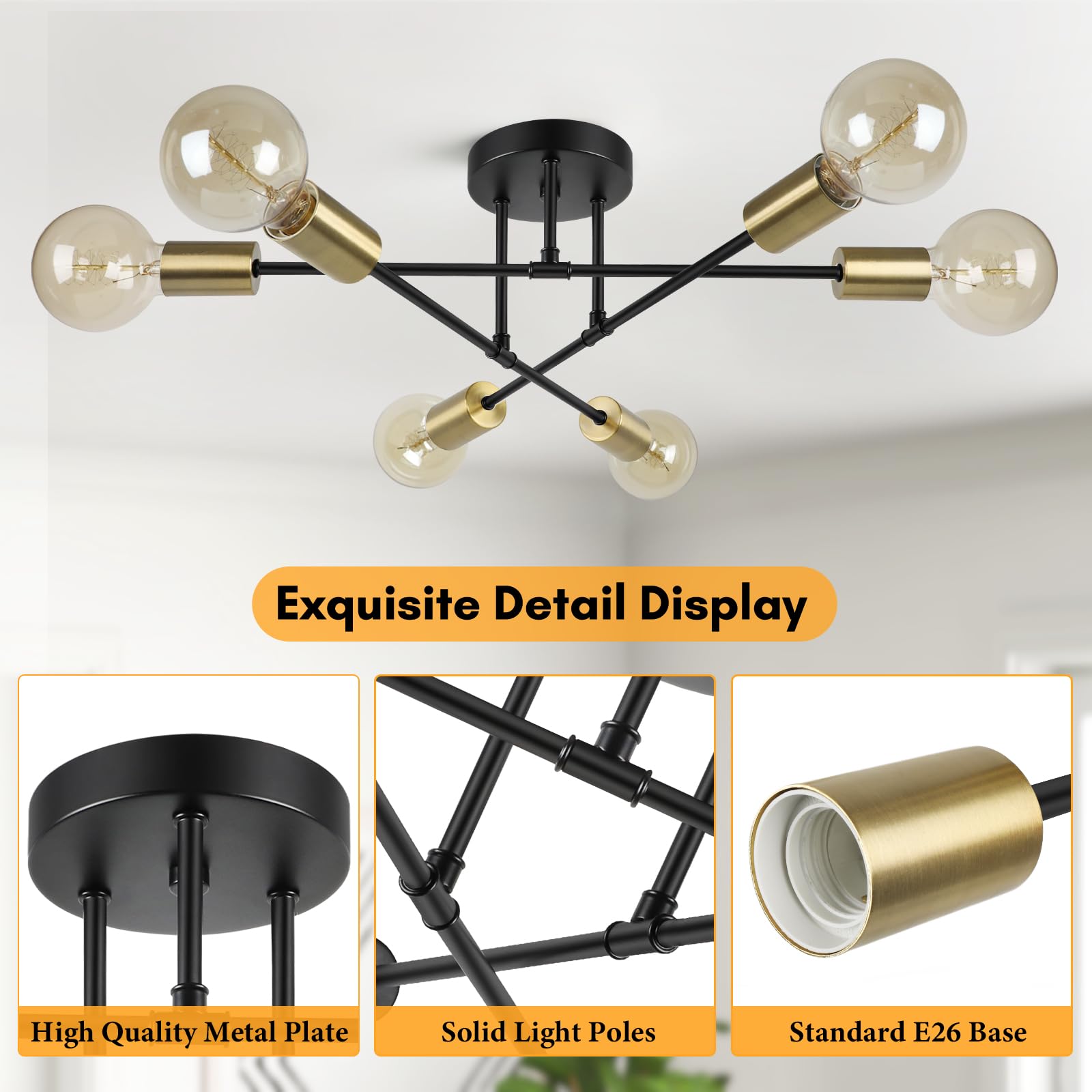 Modern Sputnik Chandelier, 6-Light Farmhouse Semi Flush Mount Ceiling Light Fixtures, Industrial Chandeliers For Dining Room Kit
