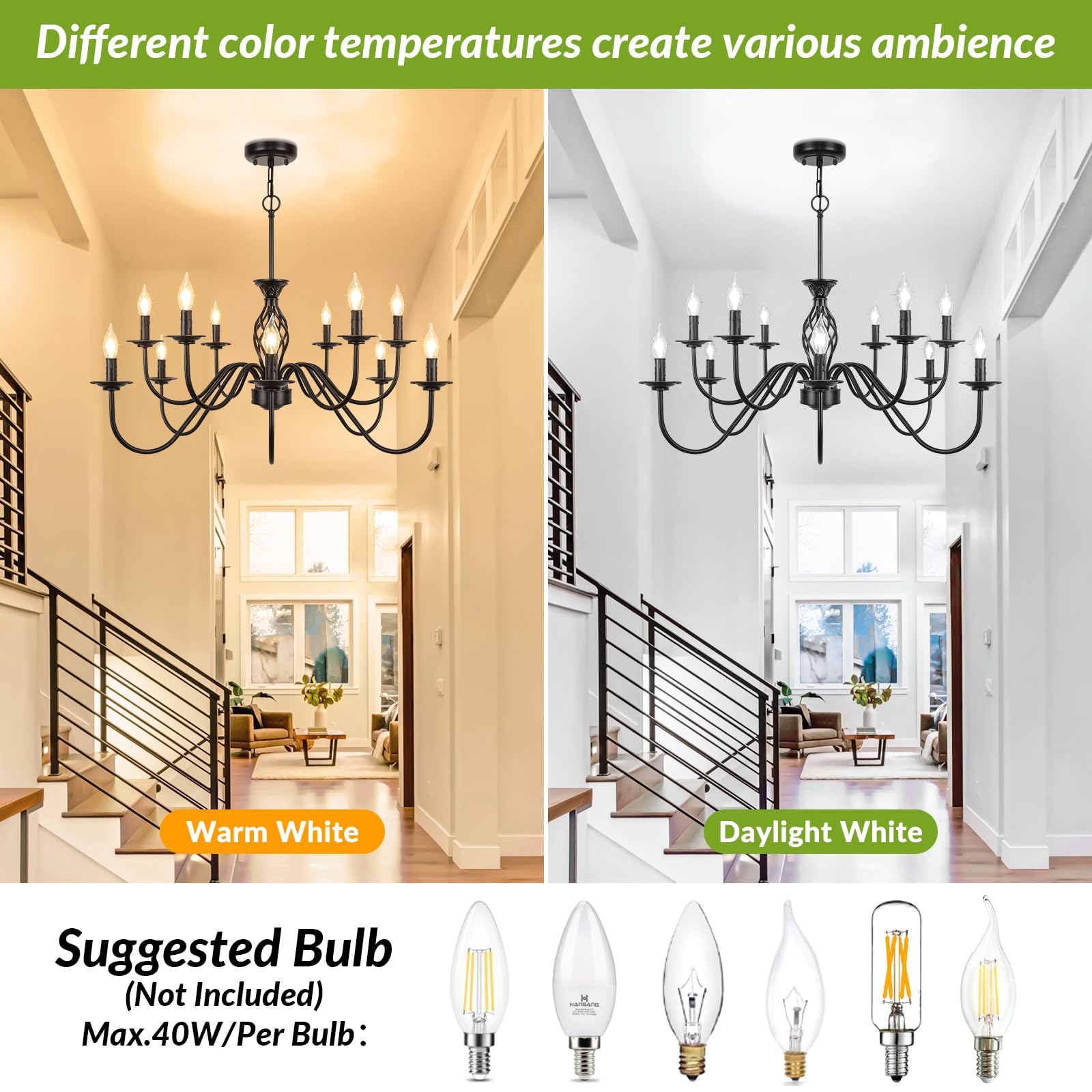 12-Light Farmhouse Candle Chandelier For Living Room, Rustic Industrial Pendant Ceiling Light Fixture, Vintage Hanging Lamp For