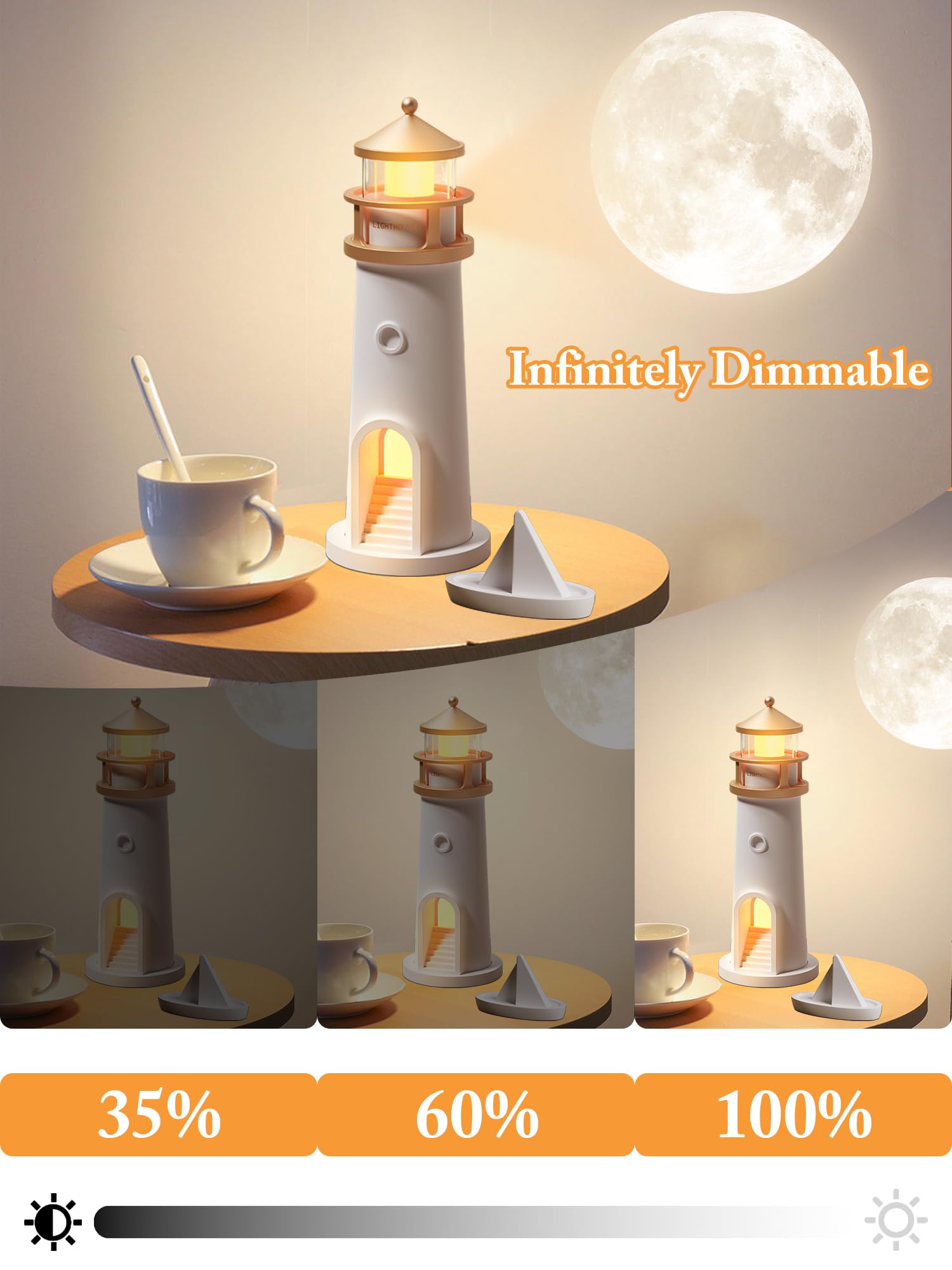 Moon Lamp Projector Night Light for Kids,Lighthouse Decor Lamps with Remote Control,LED Aesthetic Table Lamp,Rechargeable Moon L