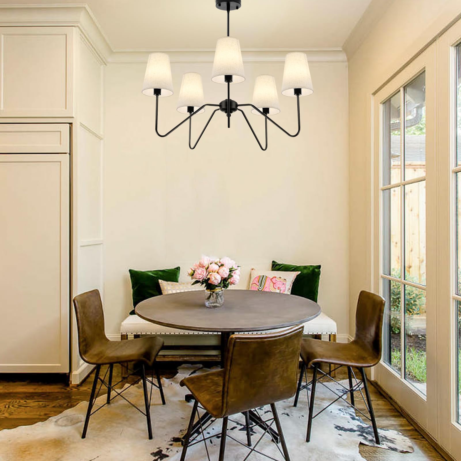 FIYUEOYI 5-Light Modern Chandelier - Adjustable Height, Linen Beige Shade, Metal, A-Black, Model YUX2 for Living Room, Dining Room, Bedroom