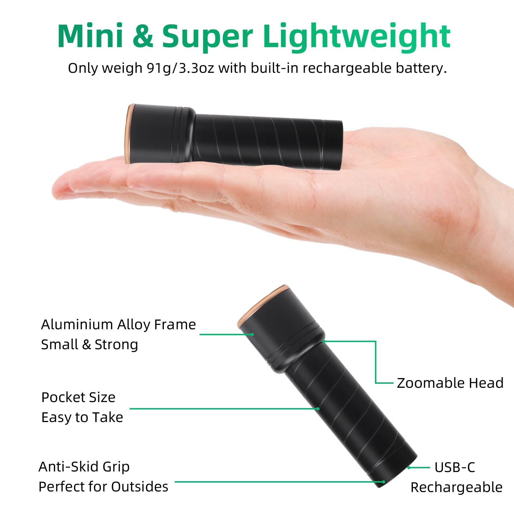 Sevenka 2 Small Rechargeable Flashlights Usb-C, 4.1In Zoomable Led Flashlight High Lumen, Compact, Powerful, Portable Led Torch,