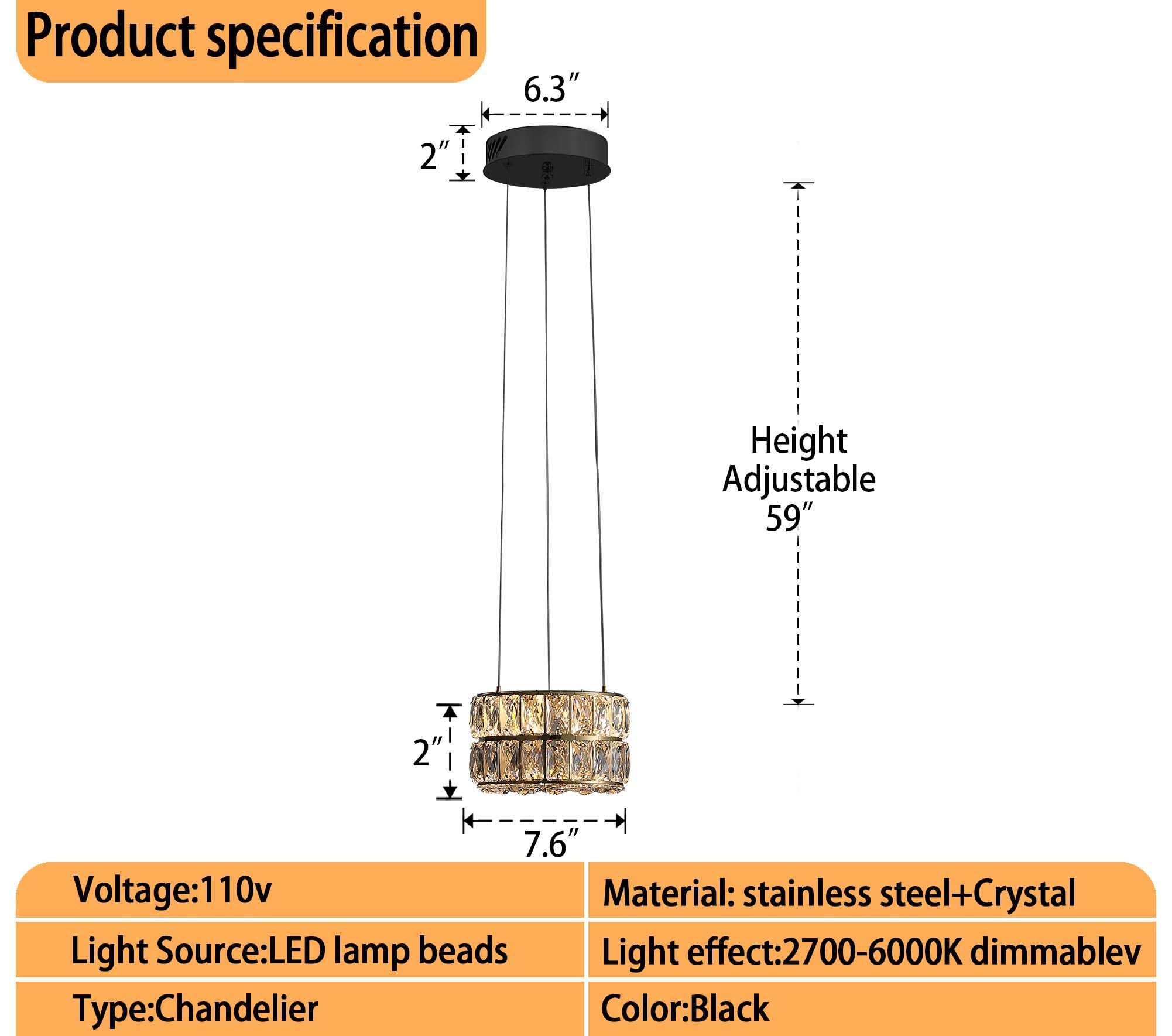 IDEQUY Led Ring Crystal Chandelier, Dimmable 7.8in  Black Ceiling Light, Stainless Steel, Model CF8024-20H