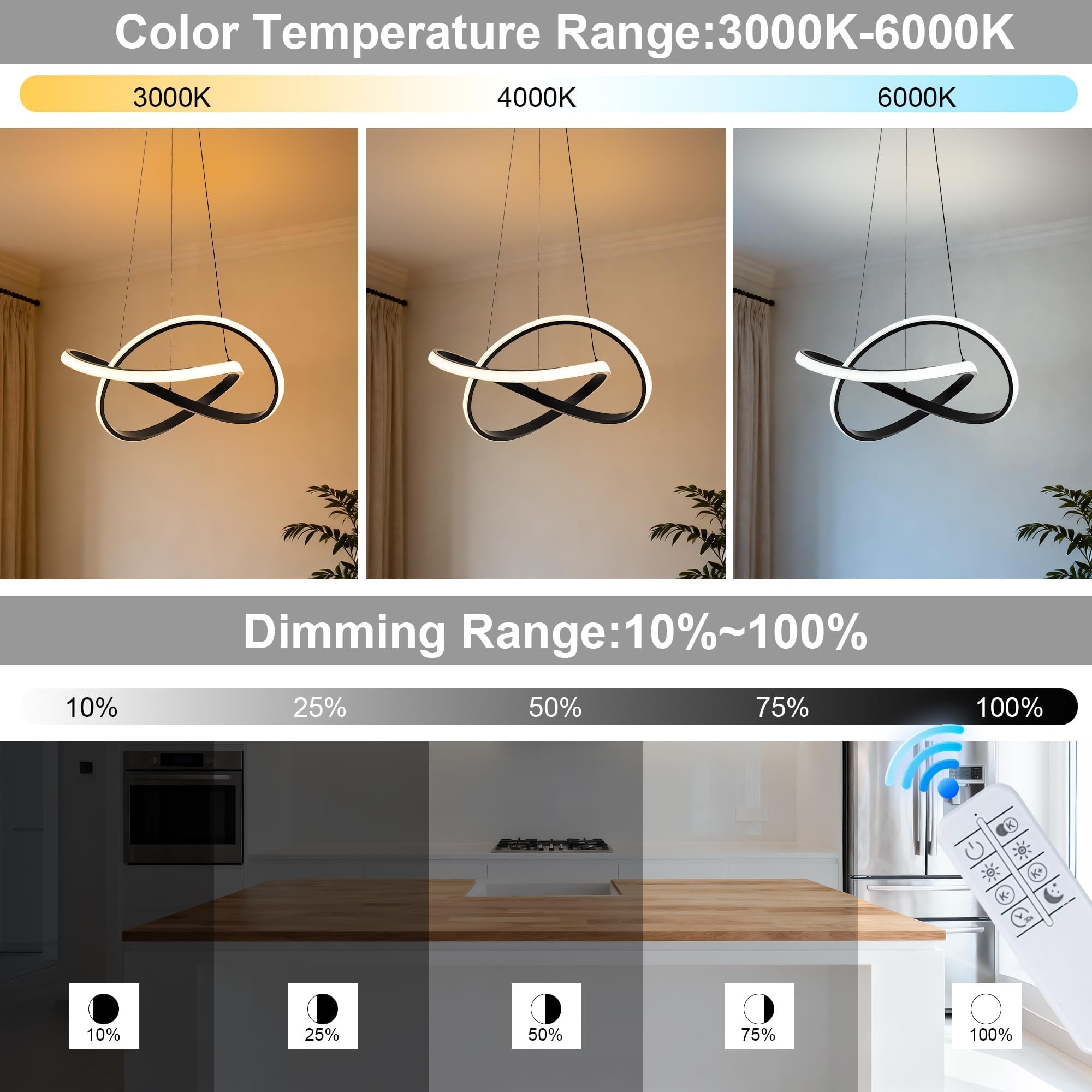 Mayna Modern Chandelier With Remote Control  Dimmable Led Pendant Light Fixtures With 3 Color Temperature  Height Adjustable Kitchen Island Lighting For Dining Room Kitchen Entryway  Black 19.7 Inch