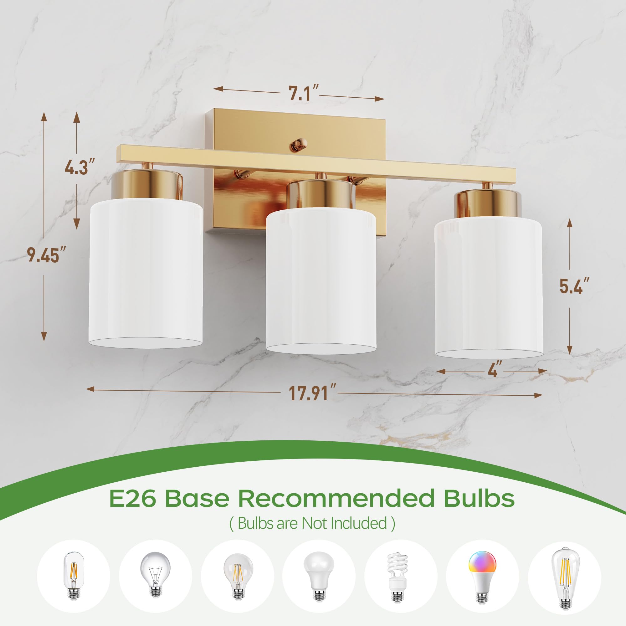 Partphoner 3-Light Brushed Gold Bathroom Light Fixtures  Modern Vanity Light Over Mirror Lighting  Wall Sconce With Frosted Milky White Glass Shades For Bedroom Living Room Kitchen Hallway