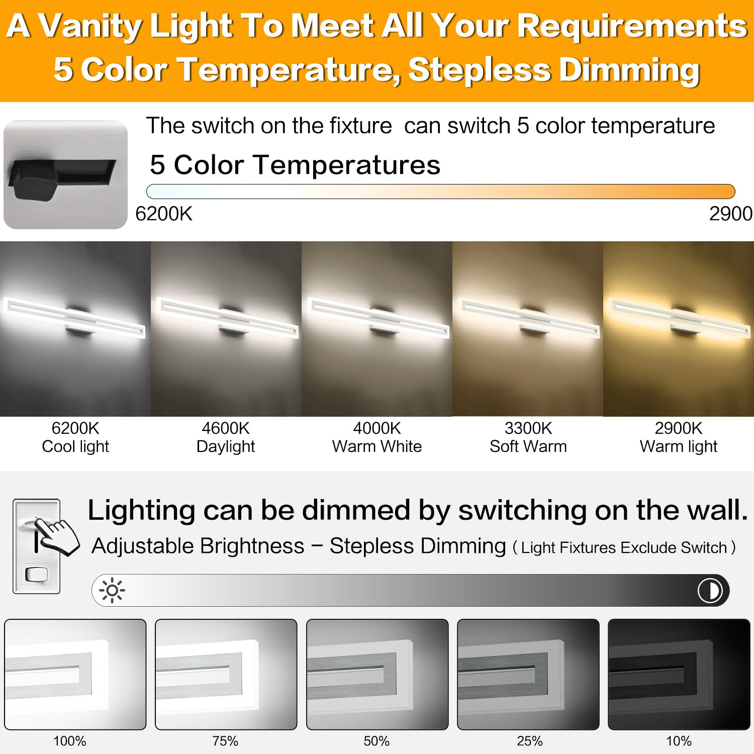 SOLFART Vanity Light Fixture Brushed Nickel LED 40 Inch 5 Color Adjustable S8300 Model