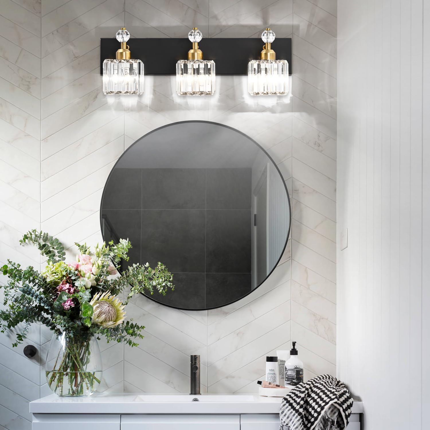 PRESDE Modern Crystal Bathroom Vanity Light 3-Lights Stainless Steel Black/Gold