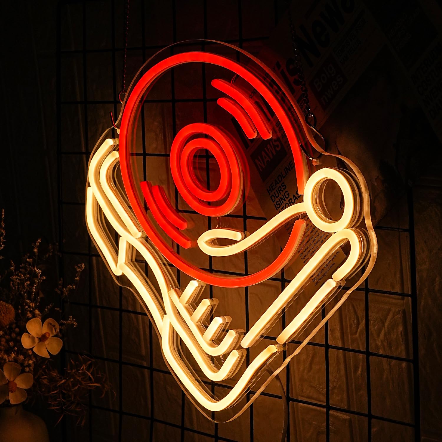 LMSIGNLY Neon Record Player Sign - Retro Music Studio Decor - Red & Warm Plastic Light for Bedroom and Bar