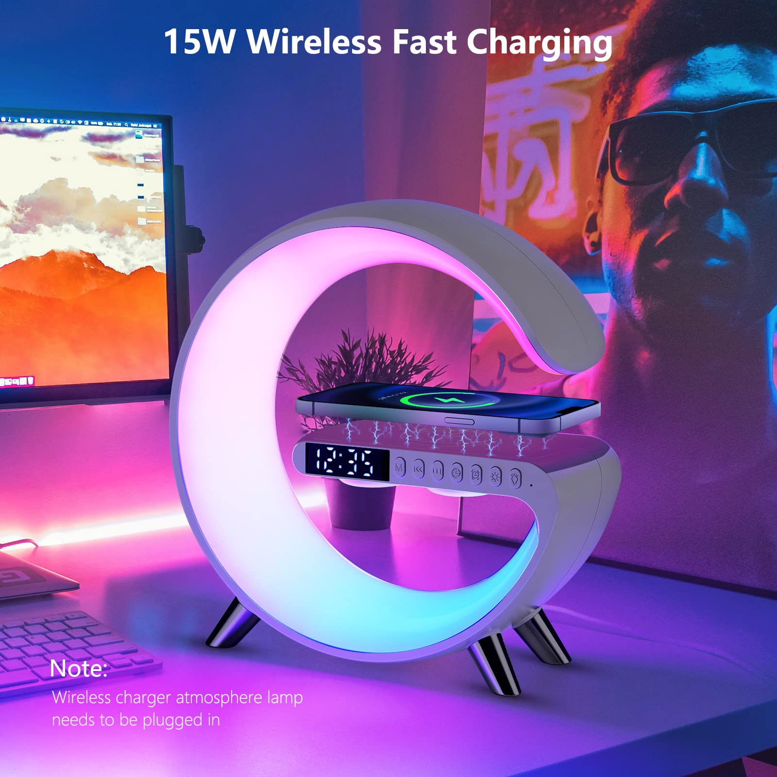 Wireless Charger Atmosphere Lamp, 2025 New Intelligent Led Table Lamp, Bluetooth Speaker, Dimmable Night Light Bedside Lamp Alar