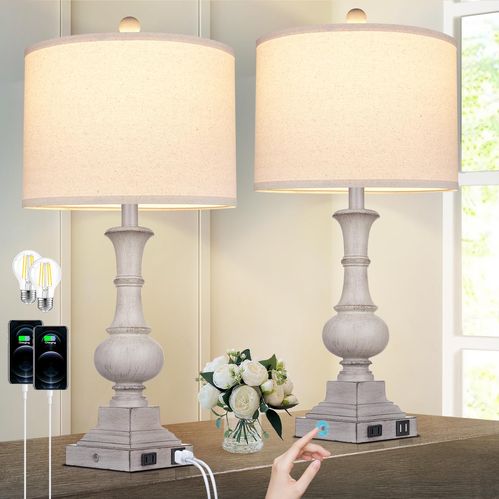 26" Farmhouse Table Lamps Set of 2, Rustic Touch Control Bedside Lamps with 2 USB Ports & AC Outlet, Vintage Resin 3-Way Dimmable Nightstand Lamp Linen Fabric Shade for Living Room Bedroom Decor Gray