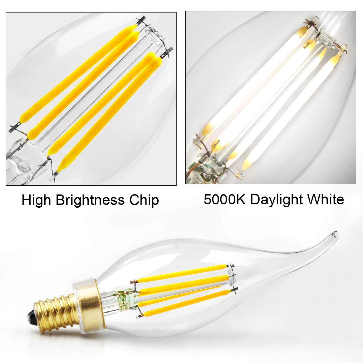 Hizashi LED Candelabra Bulbs 6W 5000K Daylight White Dimmable E12 6 Count CA11 Flame Tip Glass