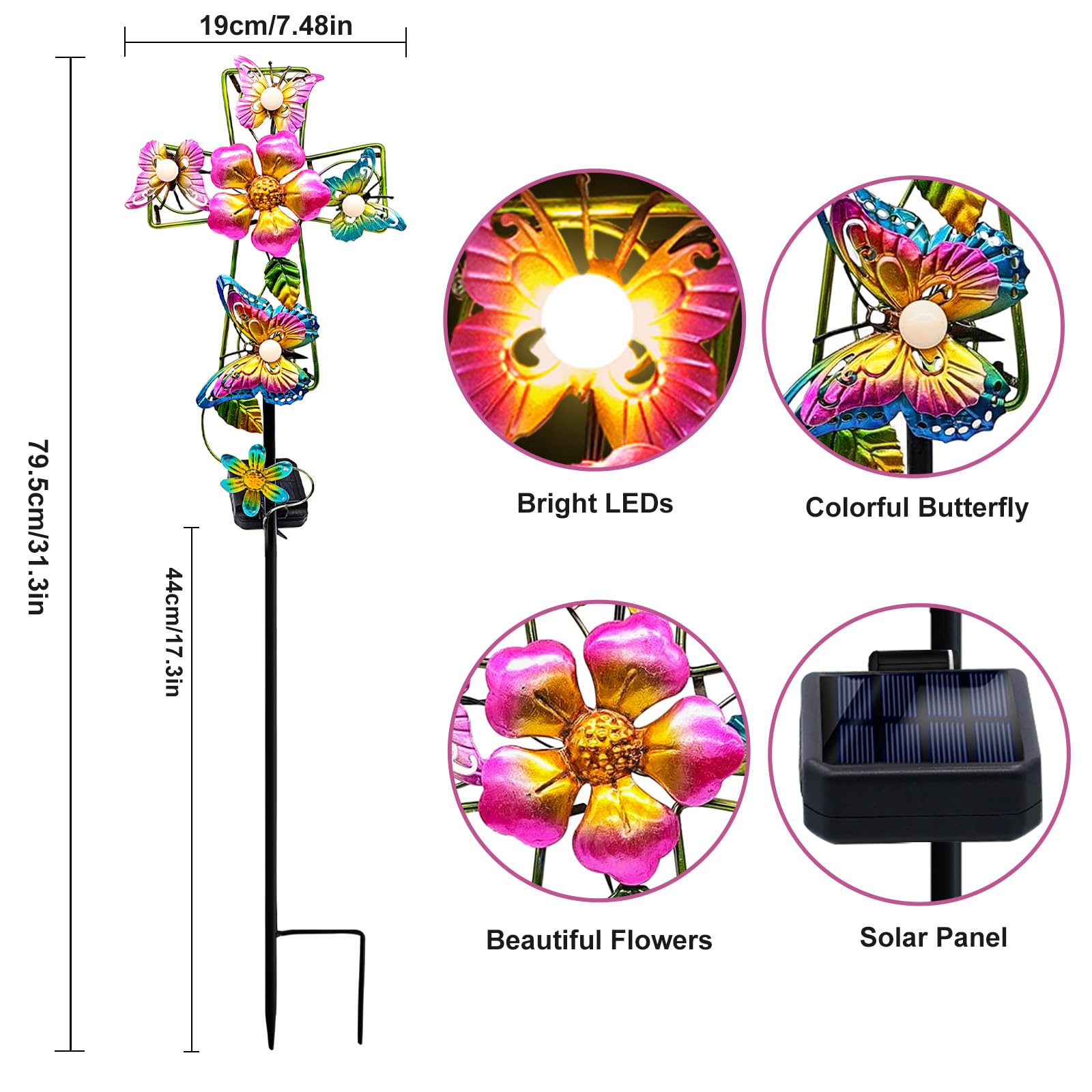 YJFWAL Solar Butterfly Cross Garden Stake Light, Metal, Warm White, Model Butterfly Cross-1, Cemetery Decoration