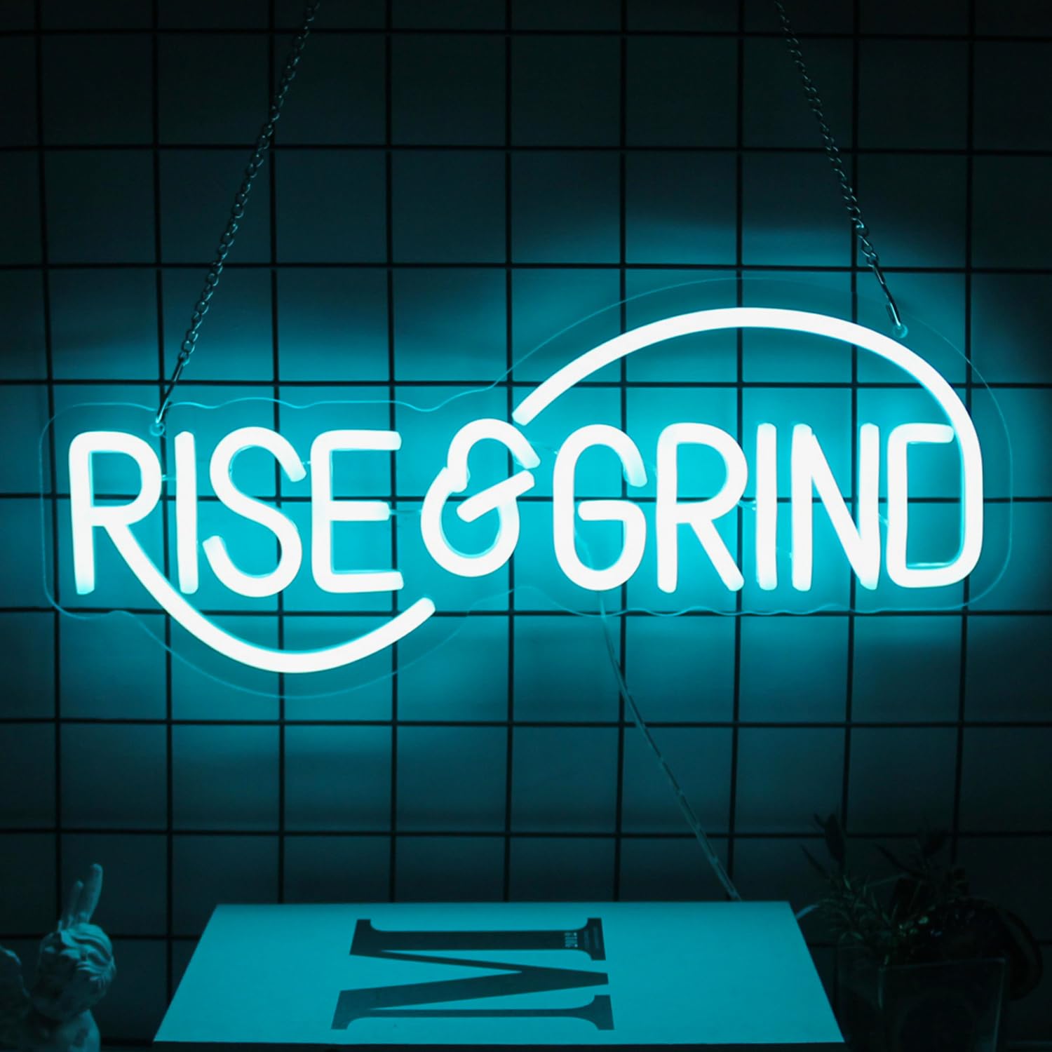 CKTBLEY Neon Sign - Rise & Grind Motivational LED Wall Art, Ice Blue, Acrylic, Inspirational Decor for Bedroom, Office, Gym, Man Cave