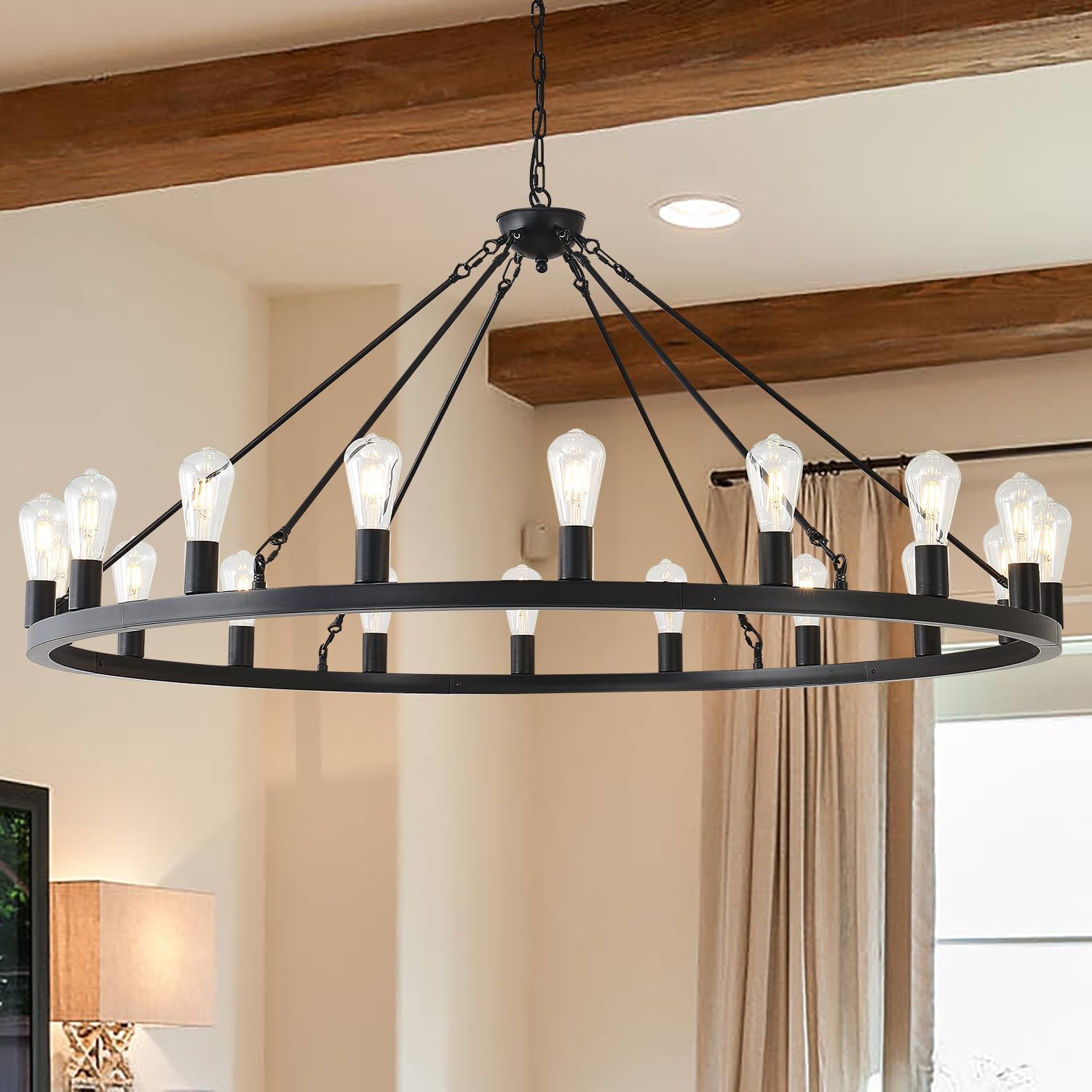 53    Black Large Wagon Wheel Chandelier,Vintage Rustic Farmhouse Chandeliers 18-Lights,Round Metal Industrial High Ceiling Pend