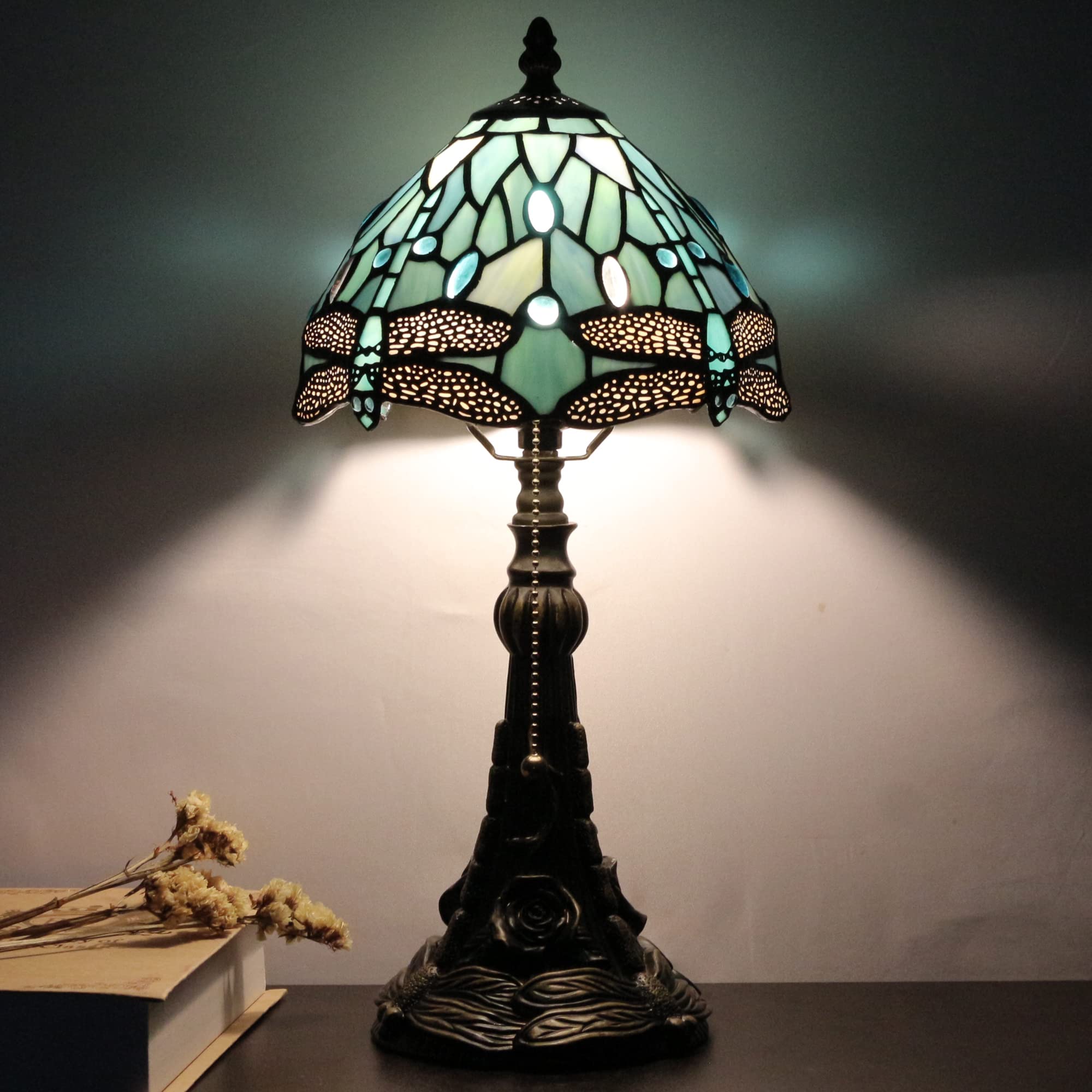 Small Tiffany Lamp Mini Stained Glass Desk Lamp Vintage Table Lamp Tiffany Style Night Light 8X17.5 Inch (Sea Blue Dragonfly Sty