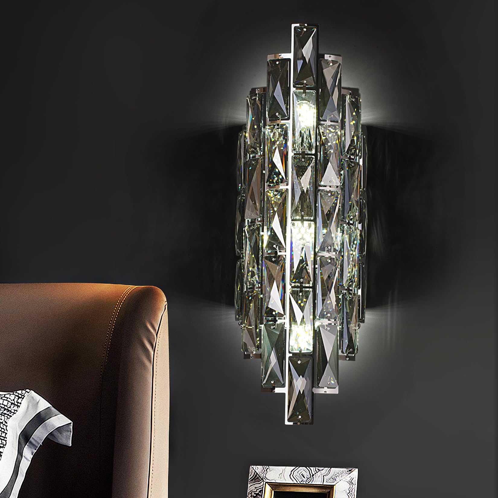 Kaiyuan Crystal Wall Sconce, Smoky Gray, K9 Vanity Lighting for Bedroom, Bathroom, Living Room