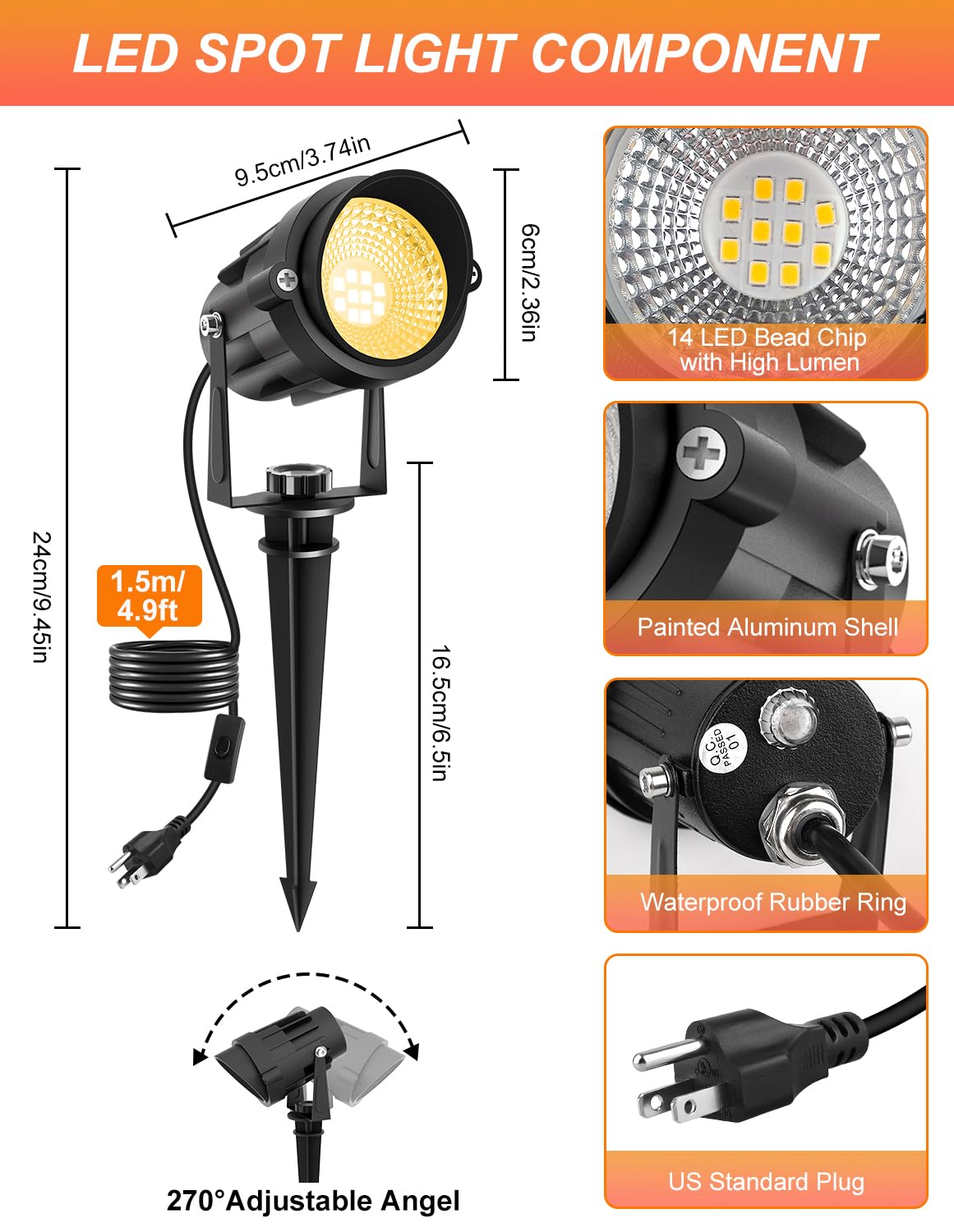 Crepow Dusk To Dawn Outdoor Led Spotlight, Outdoor Landscape Lighting With Photocell Sensor, 3000K Warm White Outdoor Waterproof