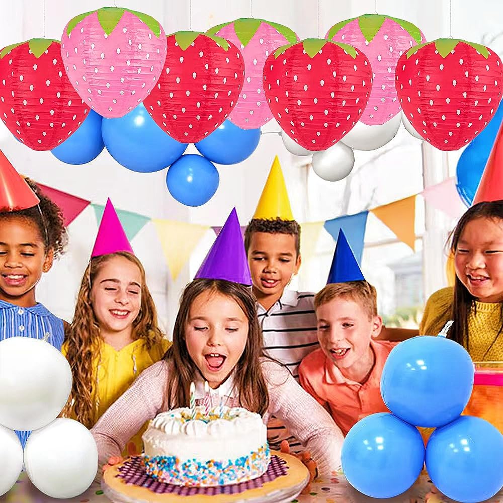 Magnoloran Strawberry Paper Lanterns - 8Pcs Hanging Decorations For Room, Birthday Party, Wedding, Garden - 8 Inch, Red And Pink